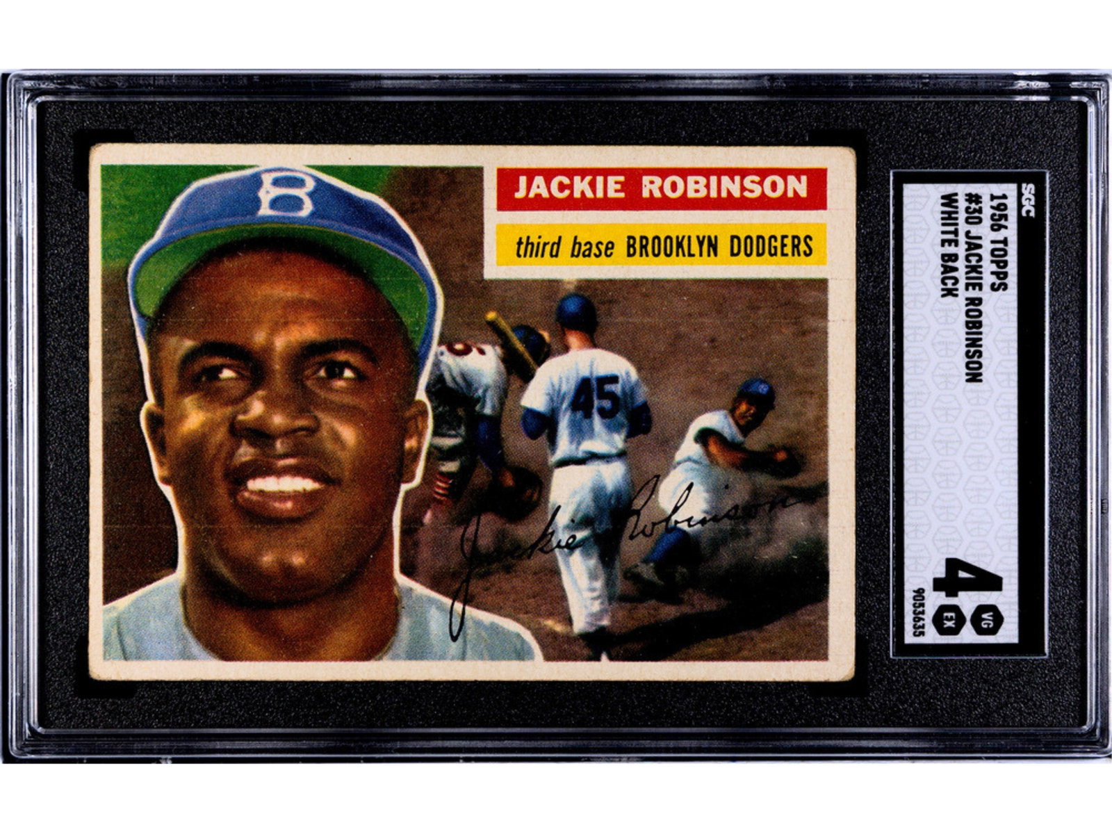 1956 Topps #30 Jackie Robinson White Back SGC 4: 1956 Topps baseball card #30 Jackie Robinson White Back variation, graded SGC 4. Classic late-career issue of the Brooklyn Dodgers legend. SGC #9053635 Shipping: Weiss Auctions offers full-service, in