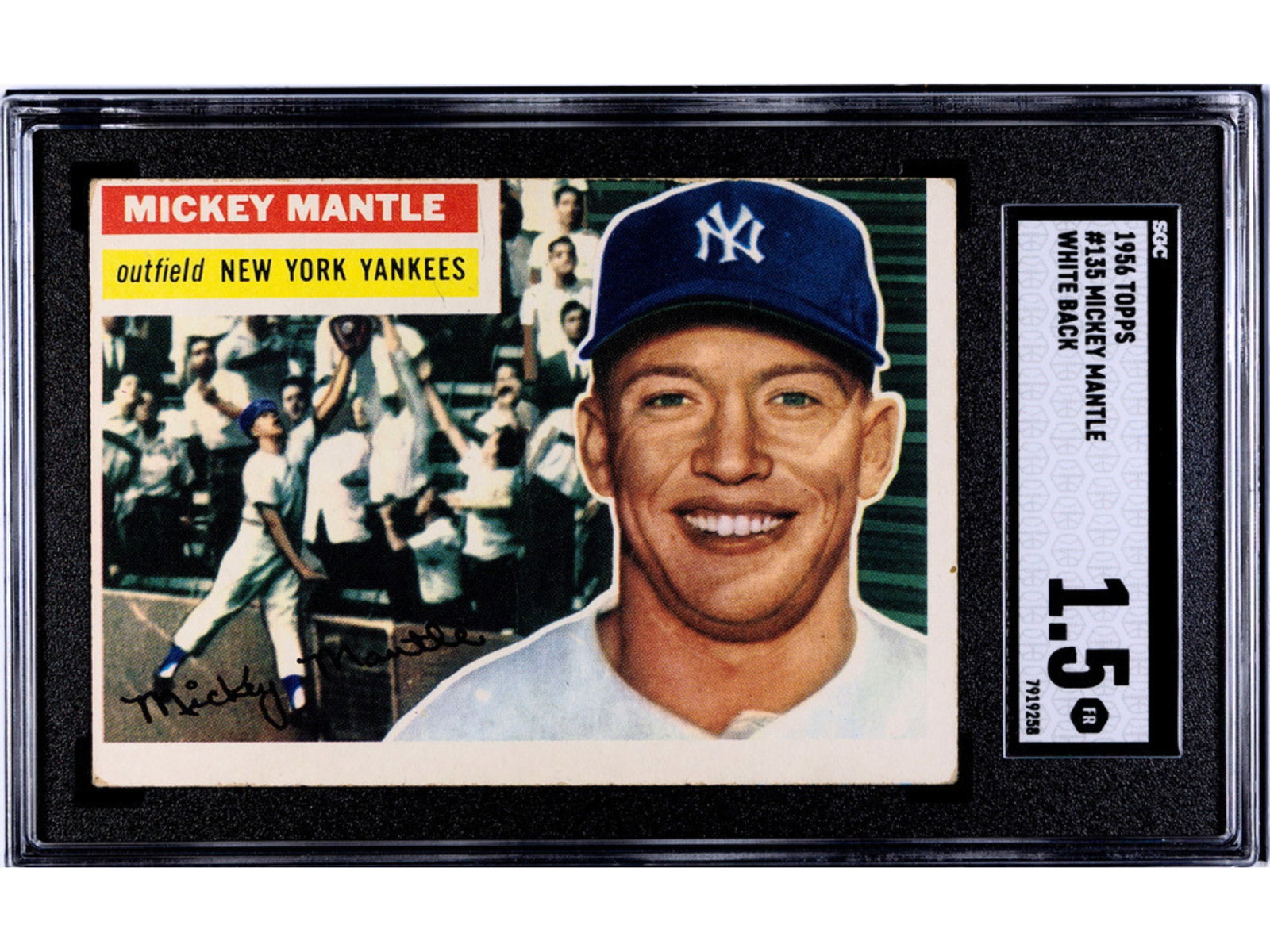 1956 Topps #135 Mickey Mantle White Back SGC 1.5: 1956 Topps baseball card #135 Mickey Mantle White Back variation, graded SGC 1.5. One of the most recognizable Mantle cards of the 1950s. SGC #7919258 Shipping: Weiss Auctions offers full-service, in-