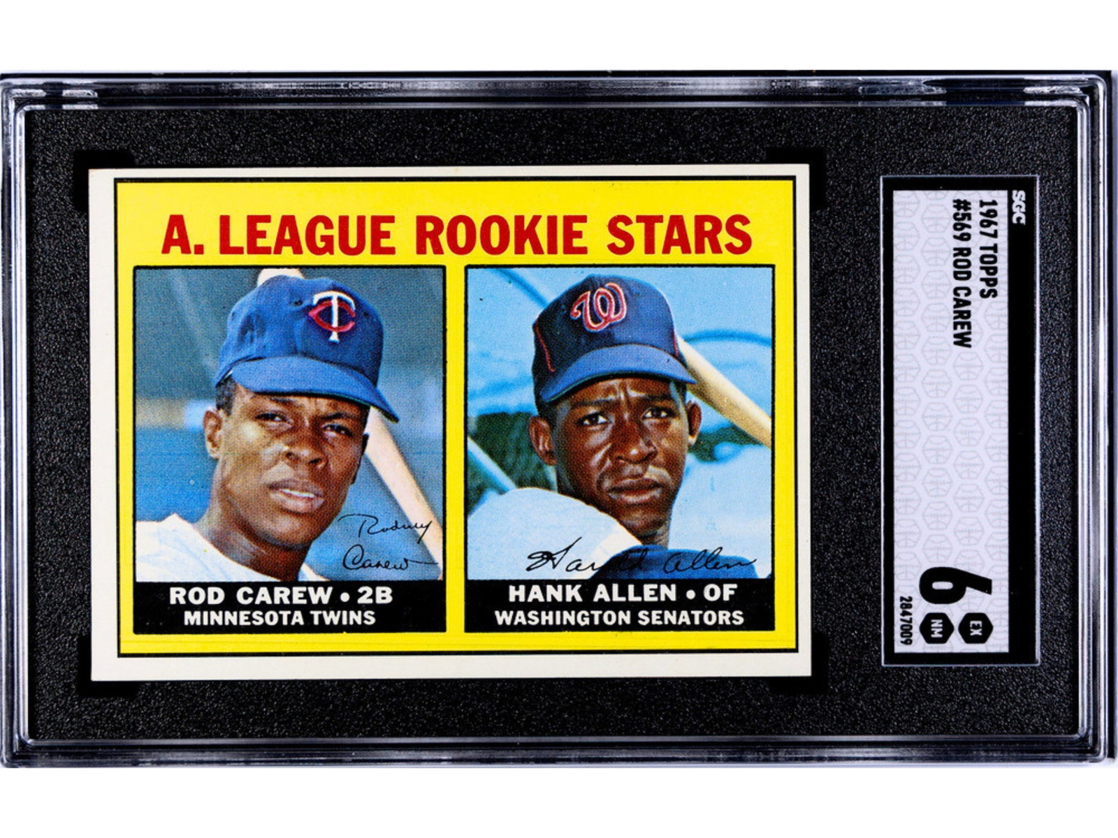 1967 Topps #569 Rod Carew RC SGC 6: 1967 Topps baseball card #569 Rod Carew, graded SGC 6. Rookie card of the Minnesota Twins Hall of Famer and seven-time batting champion. SGC #2847009 Shipping: Weiss Auctions offers full-service, in-h