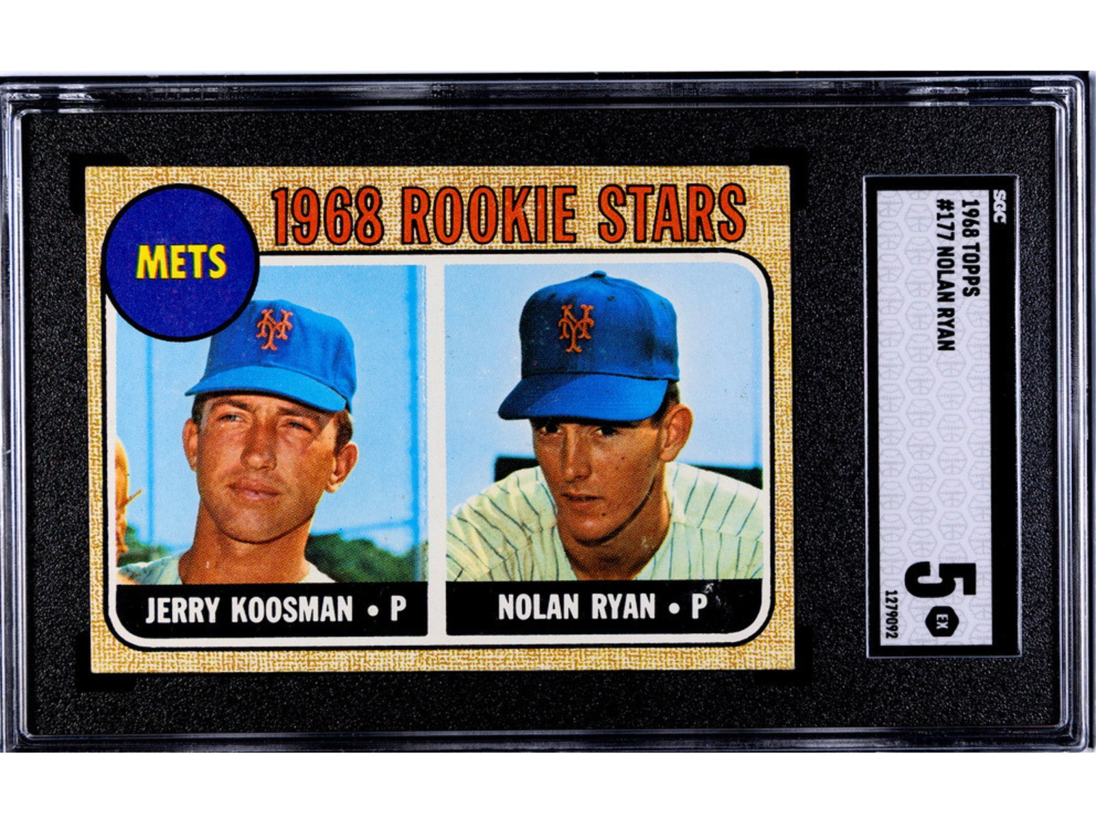 1968 Topps #177 Nolan Ryan RC SGC 5: 1968 Topps baseball card #177 Nolan Ryan, graded SGC 5. Rookie card of the Hall of Fame pitcher and all-time strikeout leader. SGC #1279092 Shipping: Weiss Auctions offers full-service, in-house shipp