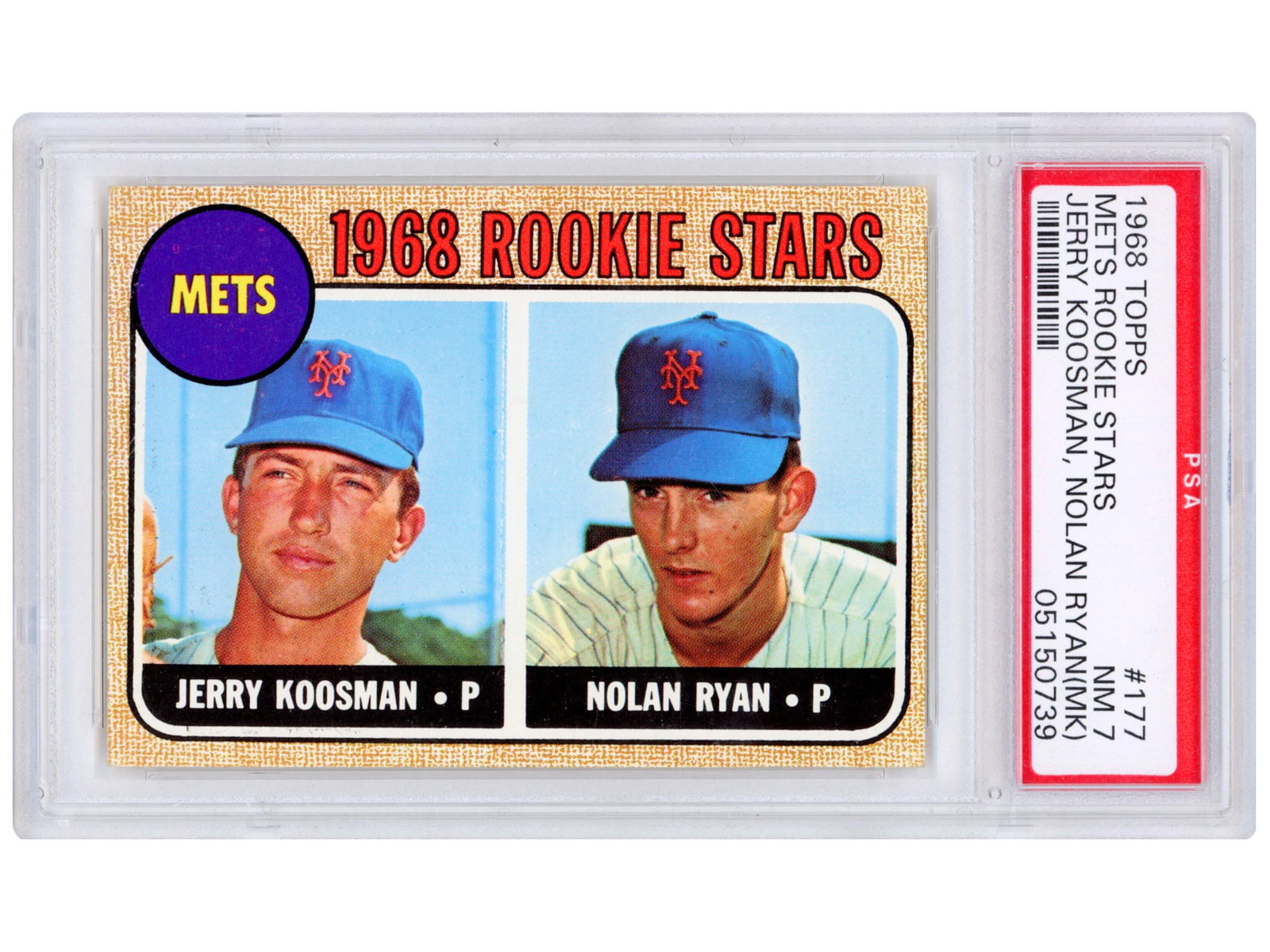 1968 Topps #177 Nolan Ryan RC PSA 7 (MK): 1968 Topps baseball card #177 Nolan Ryan, graded PSA 7 (MK). Given MK grade by PSA however the card has great eye appeal and seemingly only has light ink, possibly even from printing in the white marg