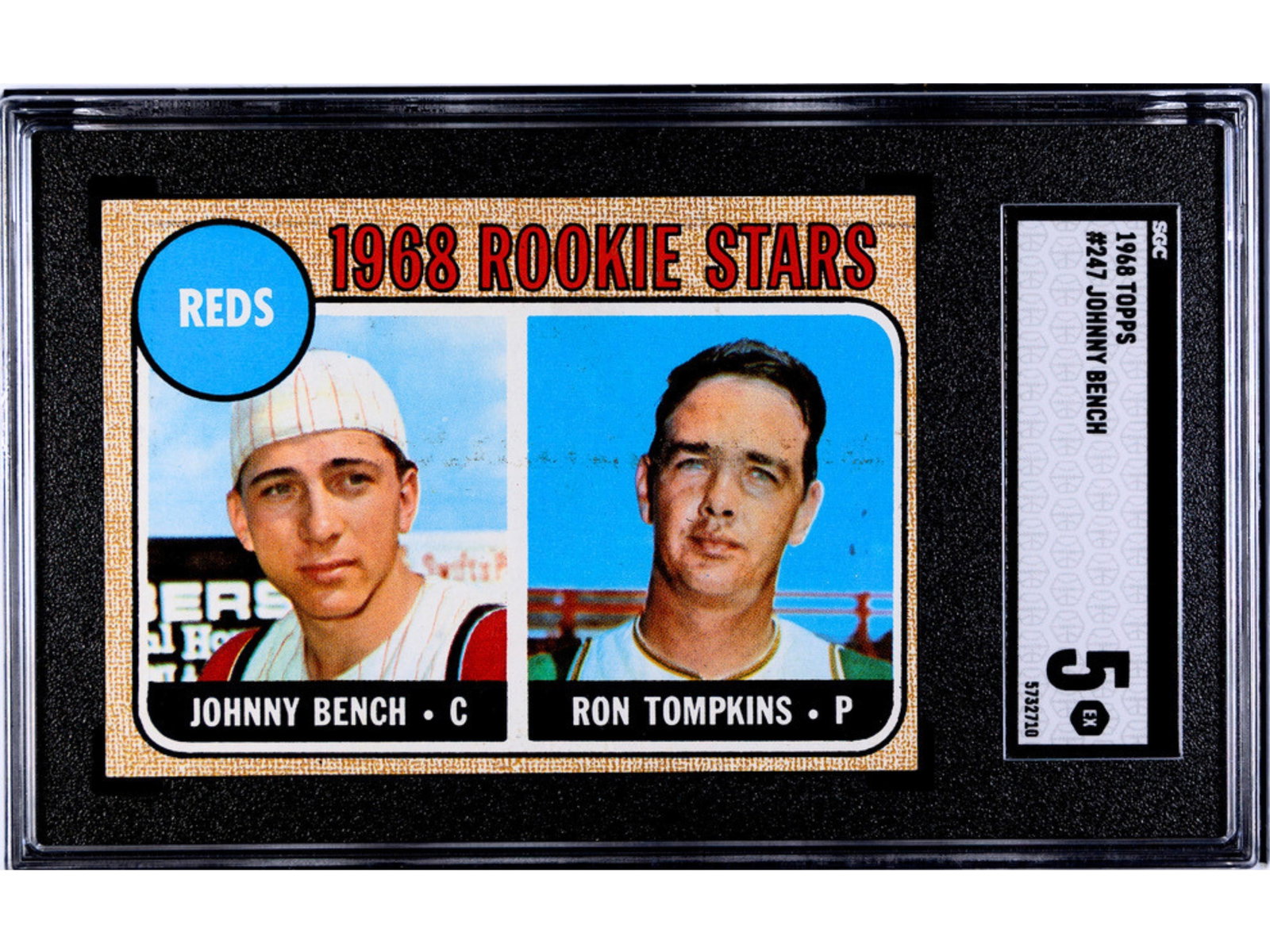 1968 Topps #247 Johnny Bench RC SGC 5: 1968 Topps baseball card #247 Johnny Bench, graded SGC 5. Rookie card of the Cincinnati Reds Hall of Fame catcher. SGC #5732710 Shipping: Weiss Auctions offers full-service, in-house shipping for near