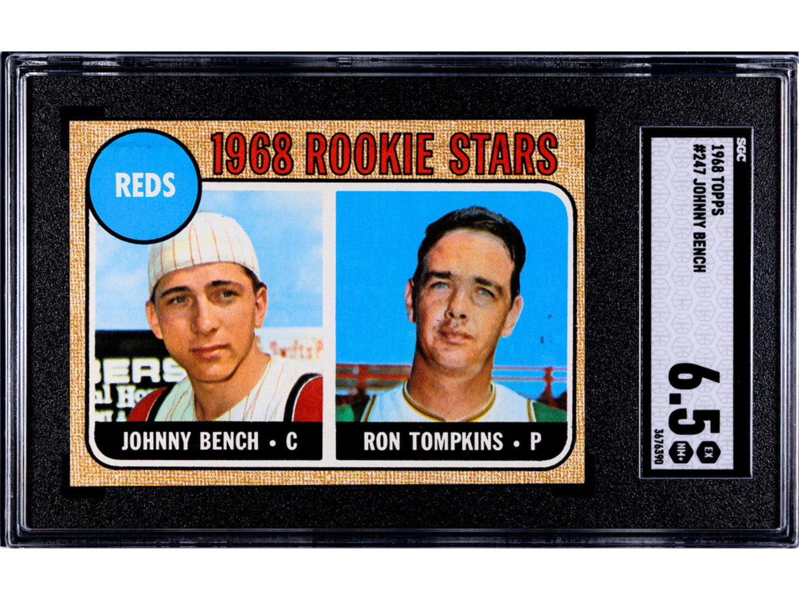 1968 Topps #247 Johnny Bench RC SGC 6.5: 1968 Topps baseball card #247 Johnny Bench, graded SGC 6.5. Rookie card of the Cincinnati Reds Hall of Fame catcher. SGC #3676390 Shipping: Weiss Auctions offers full-service, in-house shipping for ne