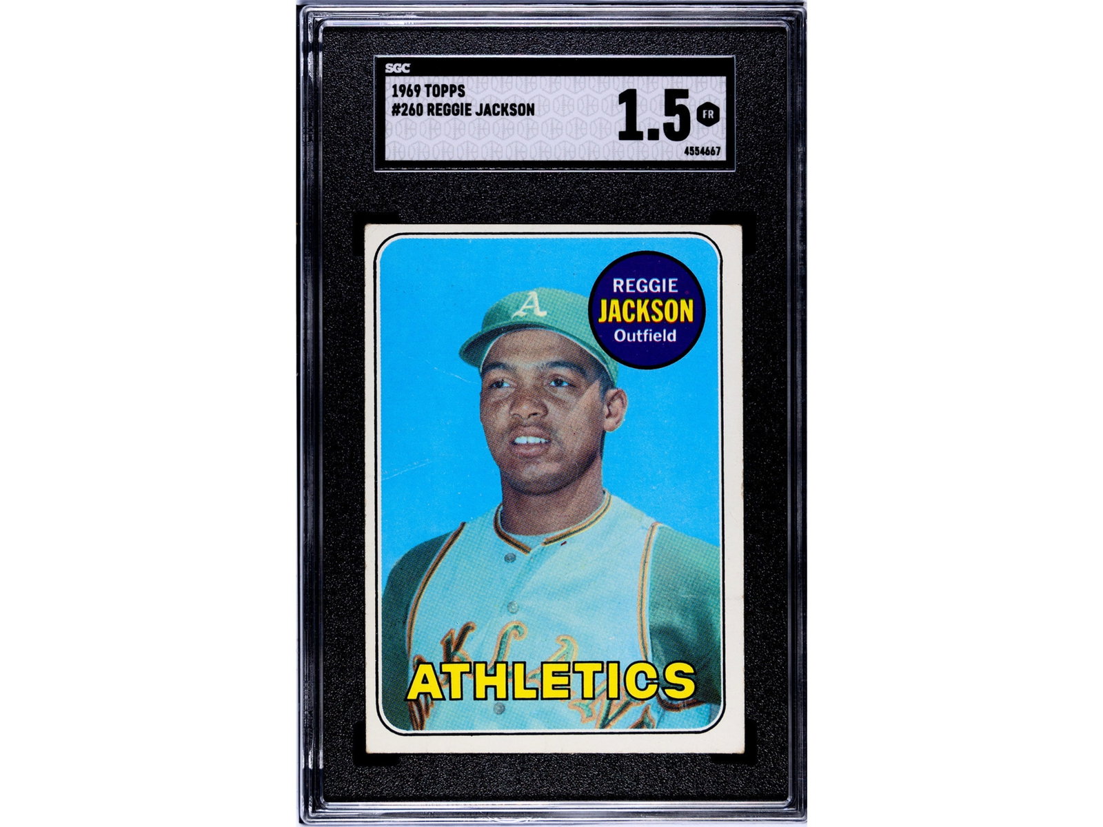 1969 Topps #260 Reggie Jackson RC SGC 1.5: 1969 Topps baseball card #260 Reggie Jackson, graded SGC 1.5. Rookie card of the Hall of Fame slugger and postseason star. SGC #4554667 Shipping: Weiss Auctions offers full-service, in-house shipping 