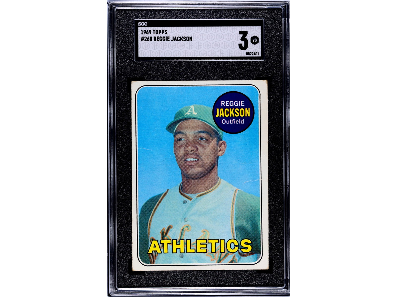 1969 Topps #260 Reggie Jackson RC SGC 3: 1969 Topps baseball card #260 Reggie Jackson, graded SGC 3. Second example of the Hall of Fame slugger's rookie card. SGC #522401 Shipping: Weiss Auctions offers full-service, in-house shipping for ne