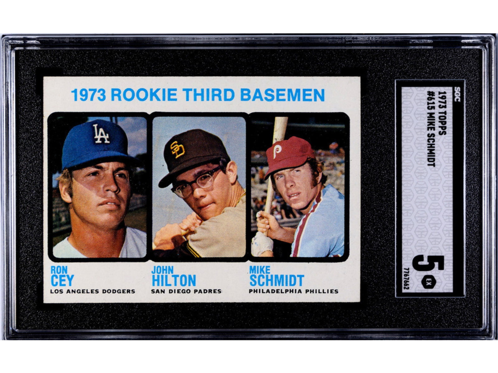 1973 Topps #615 Mike Schmidt RC SGC 5: 1973 Topps baseball card #615 Mike Schmidt, graded SGC 5. Rookie card of the Philadelphia Phillies Hall of Fame third baseman. SGC #7767662 Shipping: Weiss Auctions offers full-service, in-house shipp