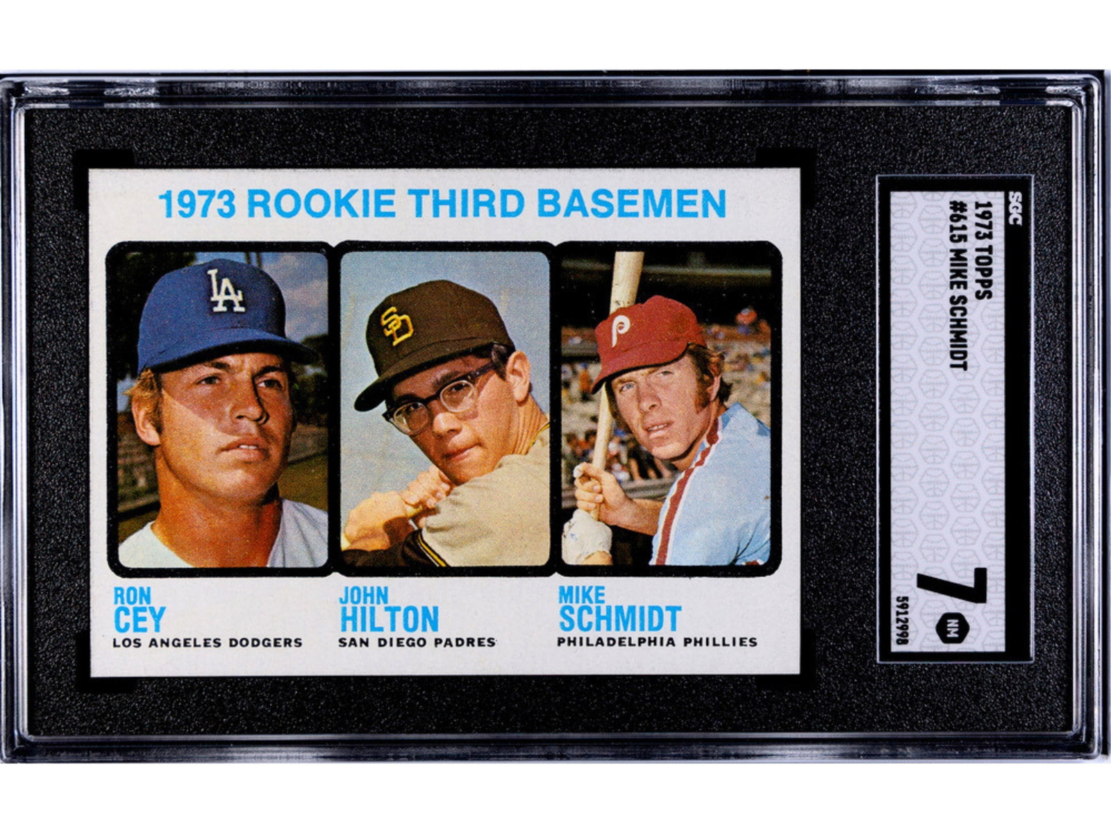 1973 Topps #615 Mike Schmidt RC SGC 7: 1973 Topps baseball card #615 Mike Schmidt, graded SGC 7. Rookie card of the Philadelphia Phillies Hall of Fame third baseman. SGC #5912998 Shipping: Weiss Auctions offers full-service, in-house shipp