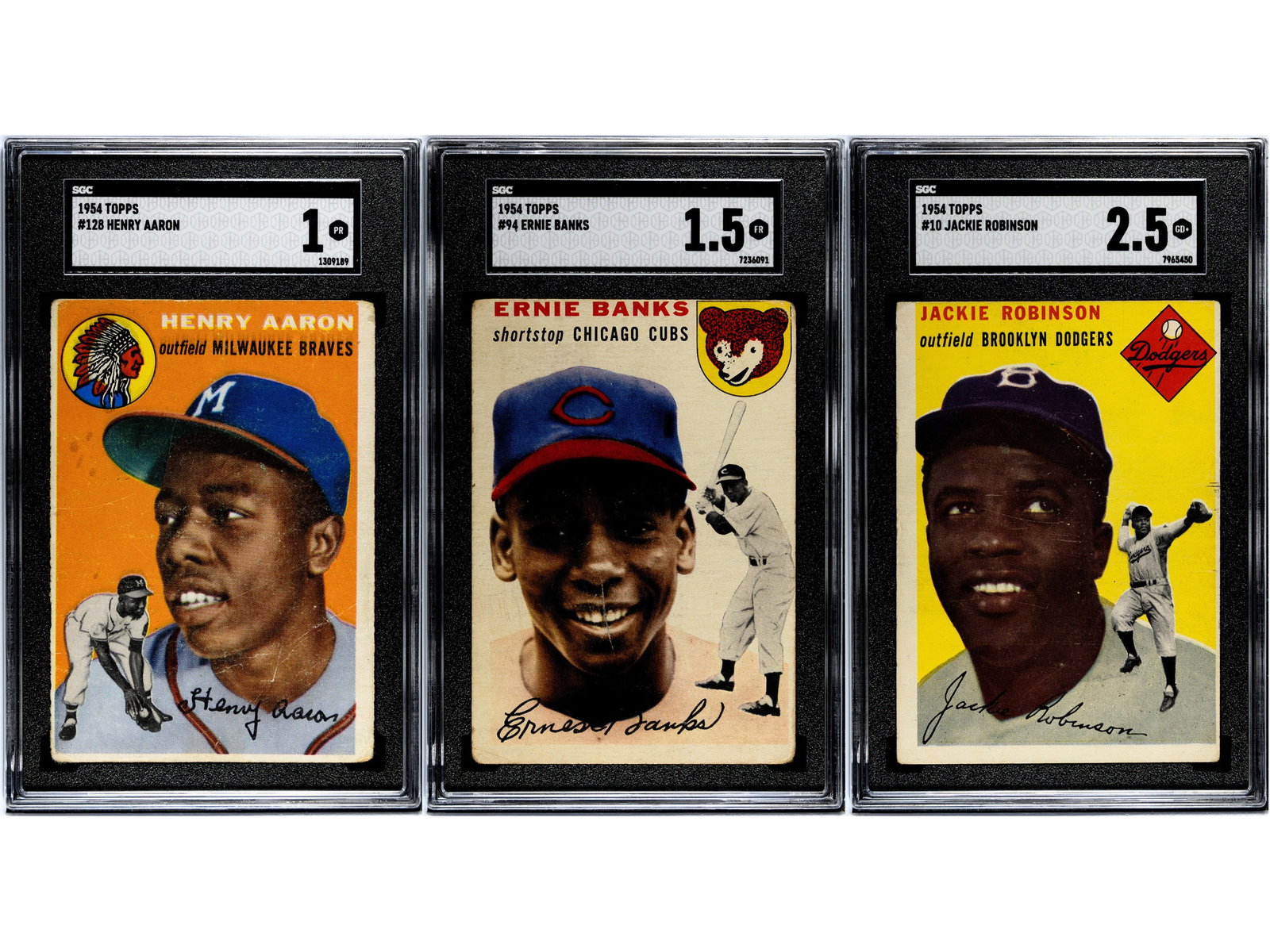1954 Topps Baseball Complete Card Set + Extras: 1954 Topps Baseball complete 250 card set with (3) graded examples. Graded cards include #10 Jackie Robinson (HOF) SGC 2.5, #94 Ernie Banks (R/HOF) SGC 1.5, and #128 Hank Aaron (R/HOF) SGC 1. Other ke