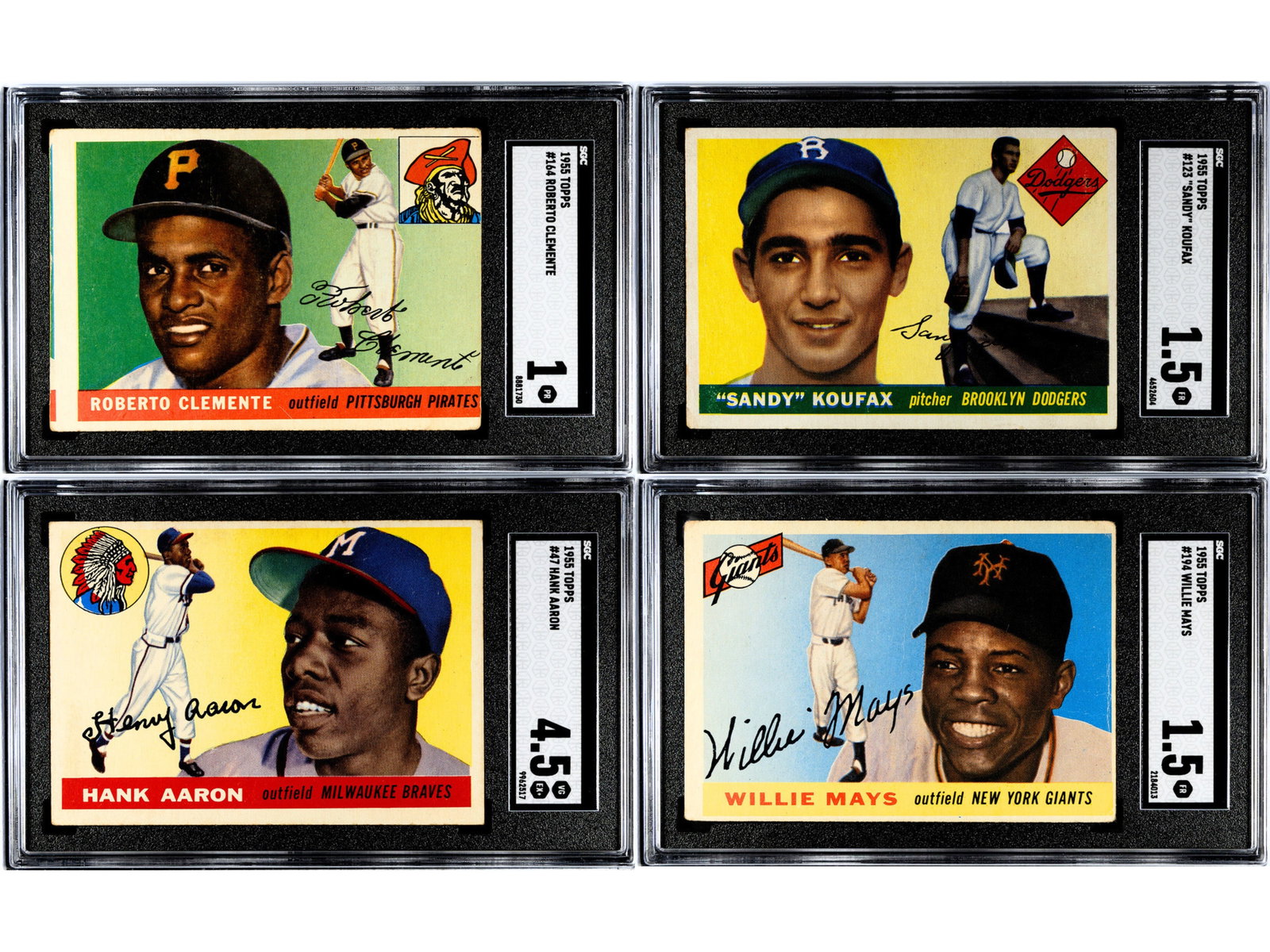 1955 Topps Baseball Complete Card Set + Extras: 1955 Topps Baseball complete 206 card set with (4) graded examples. Cards are issued up to number 210; however, card numbers 175, 186, 203, and 209 were never issued. Graded cards include #47 Hank Aar
