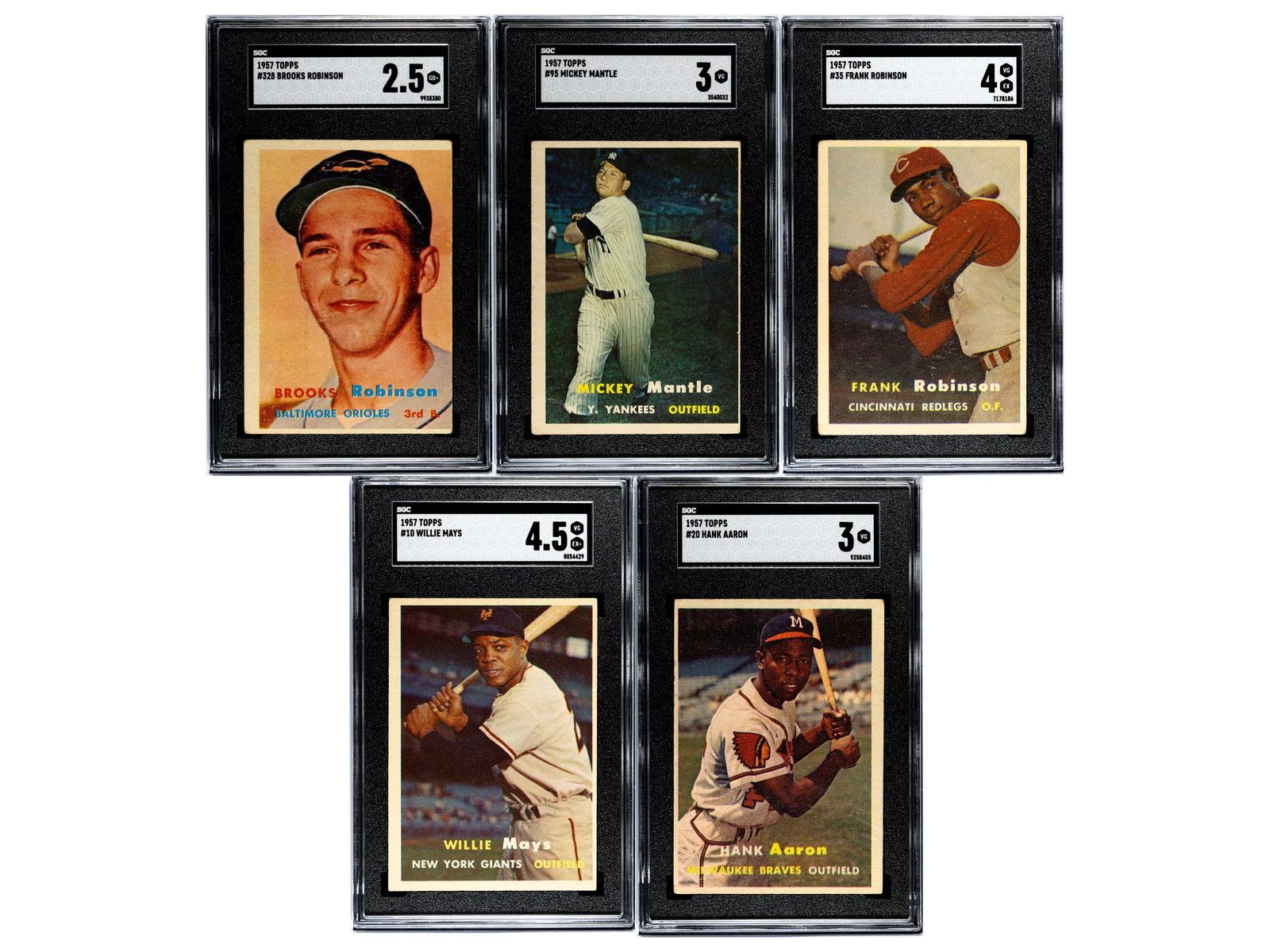 1957 Topps Baseball Complete Card Set + Extras: 1957 Topps Baseball complete 407 card set featuring five graded examples. Graded cards include #10 Willie Mays (HOF) SGC 4.5, #20 Hank Aaron (HOF) SGC 3, #35 Frank Robinson (R/HOF) SGC 4, #95 Mickey M