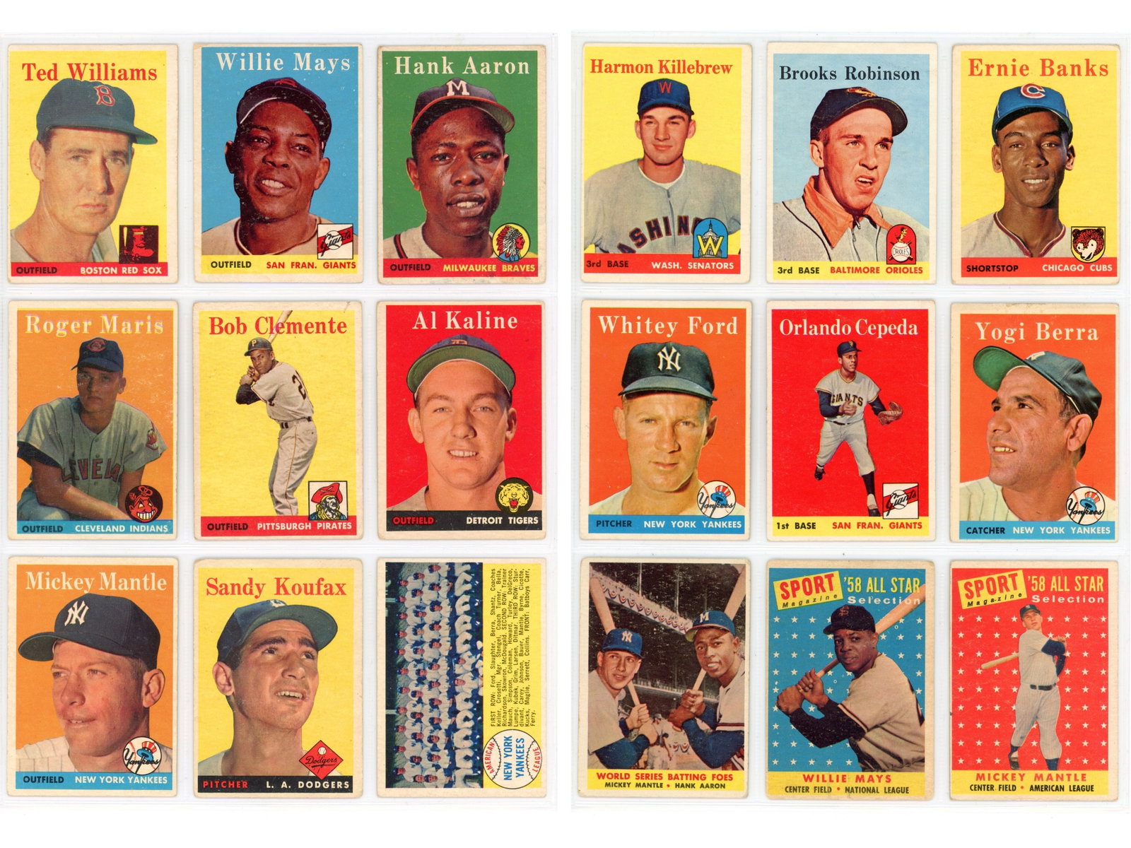1958 Topps Baseball Complete Card Set + Extras: 1958 Topps Baseball complete 495 card set. Cards are issued up to number 495; however, card number 145 was never issued. Key cards include: #1 Ted Williams (HOF), #5 Willie Mays (HOF), #30 Hank Aaron 