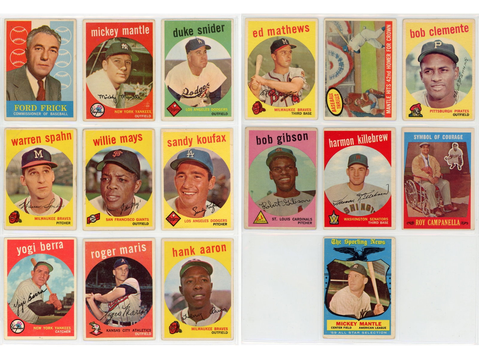 1959 Topps Baseball Complete Card Set + Extras: 1959 Topps Baseball complete 572 card set. Key cards include: #1 Ford Frick (HOF), #10 Mickey Mantle (HOF), #20 Duke Snider (HOF), #40B Warren Spahn (HOF), #50 Willie Mays (HOF), #163 Sandy Koufax (HO
