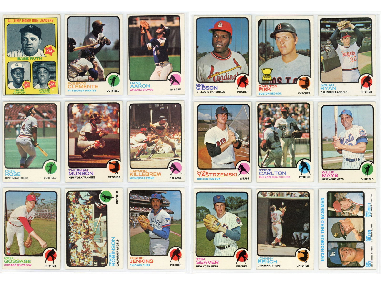 1973 Topps Baseball Complete Card Set: Complete 660 card set. Key cards include #1 All Time HR Leaders - Aaron/Mays/Ruth (HOF), #50 Roberto Clemente (HOF), #100 Hank Aaron (HOF), #130 Pete Rose, #142 Thurman Munson, #170 Harmon Killebrew (