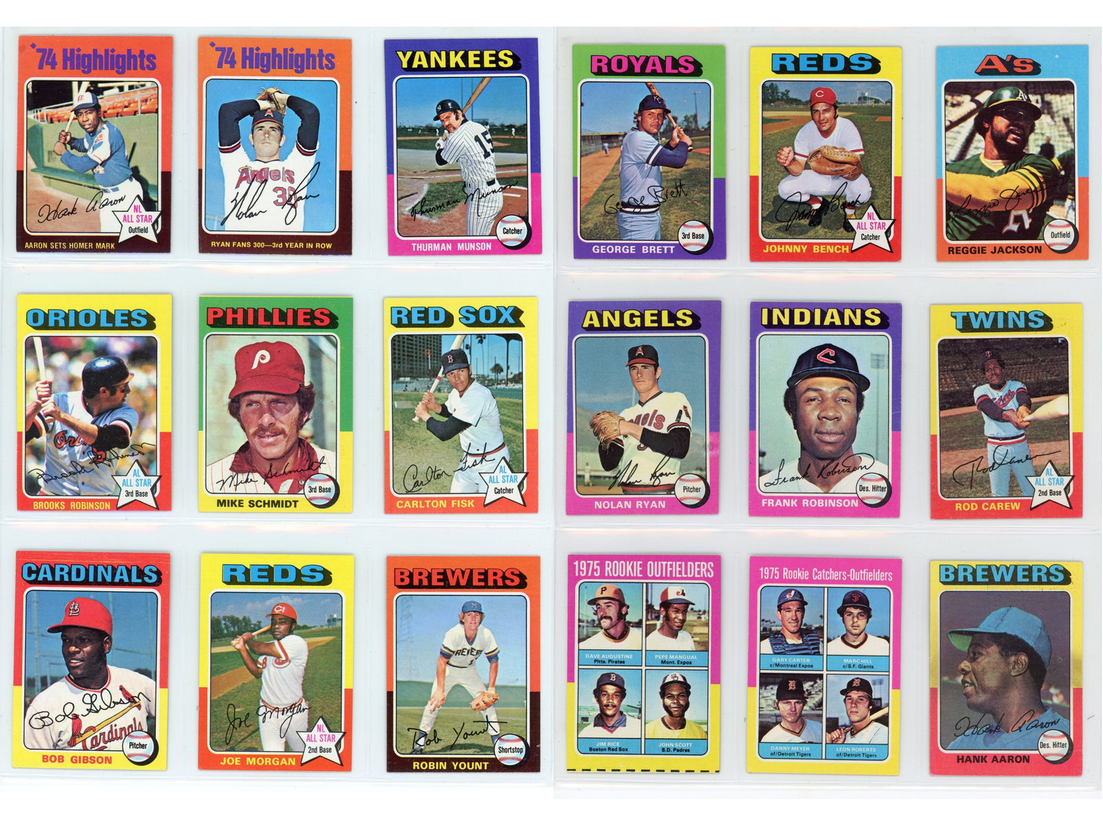 1975 Topps Mini Baseball Complete Card Set: Complete 660 card set. Key cards include #1 Hank Aaron Highlights (HOF), #5 Nolan Ryan Highlights (HOF), #20 Thurman Munson, #50 Brooks Robinson (HOF), #70 Mike Schmidt (HOF), #80 Carlton Fisk (HOF), 