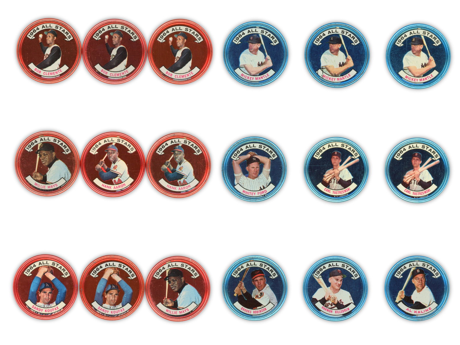 (140+) 1964 Topps Baseball Coins w/Hall of Famers: Nice lot of approx. (140) 1964 Topps Baseball Coins. Loaded with many Hall of Famers and commons. Includes Willie Mays, Bob Clemente, Mickey Mantle, Sandy Koufax, Pete Rose, Hank Aaron, Ernie Banks, H