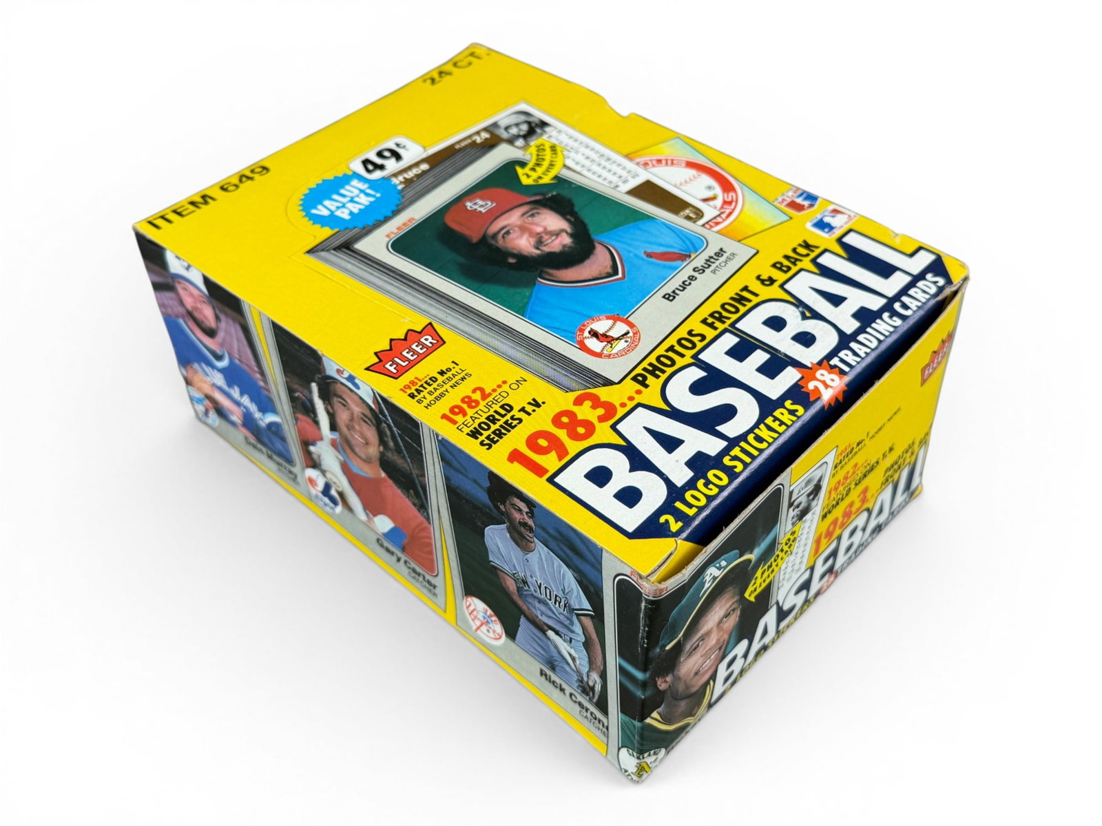 1983 Fleer Baseball Cello Box (24 Packs): 1983 Fleer baseball cello box containing 24 unopened packs. Each pack includes 28 cards and 2 logo stickers. Key rookie year for Wade Boggs, Tony Gwynn, and Ryne Sandberg, with additional potential fo
