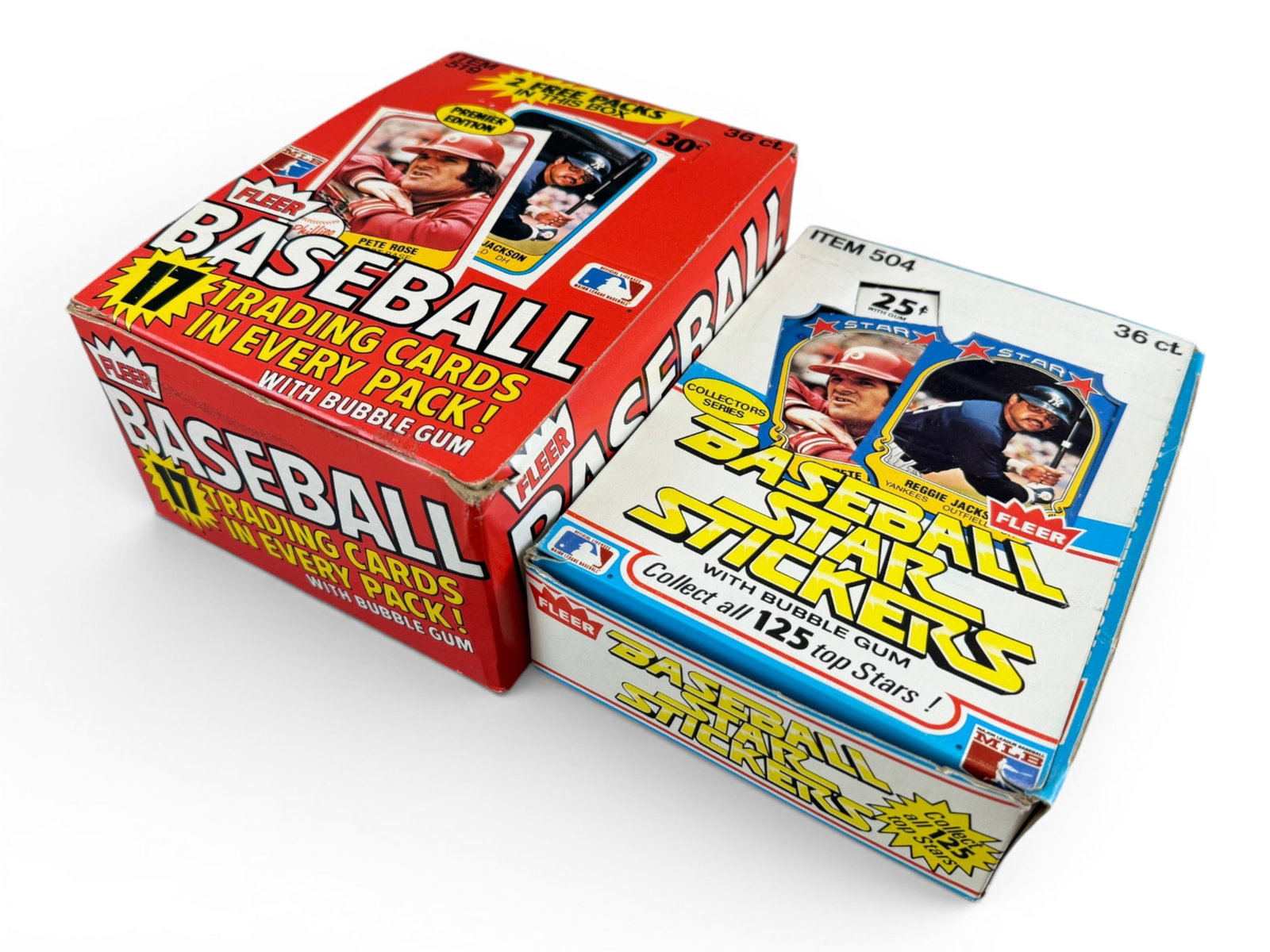 (2) 1981 Fleer Wax & Sticker Boxes: Includes (1) complete 1981 Fleer baseball wax box containing 38 packs (36ct marked on the box with 2 free packs advertised) and (1) complete 1981 Fleer Star Sticker baseball box containing 36 packs. E