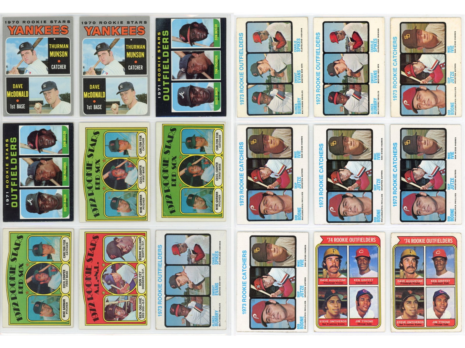 (36) 1970s Topps Rookie Card Lot: 1970s Topps rookie cards featuring many Hall of Famers. Includes Carlton Fisk, Ron Cey, Andre Dawson, Dale Murphy, Paul Molitor, Vida Blue, along with others such as Thurman Munson and Dusty Baker. Pe