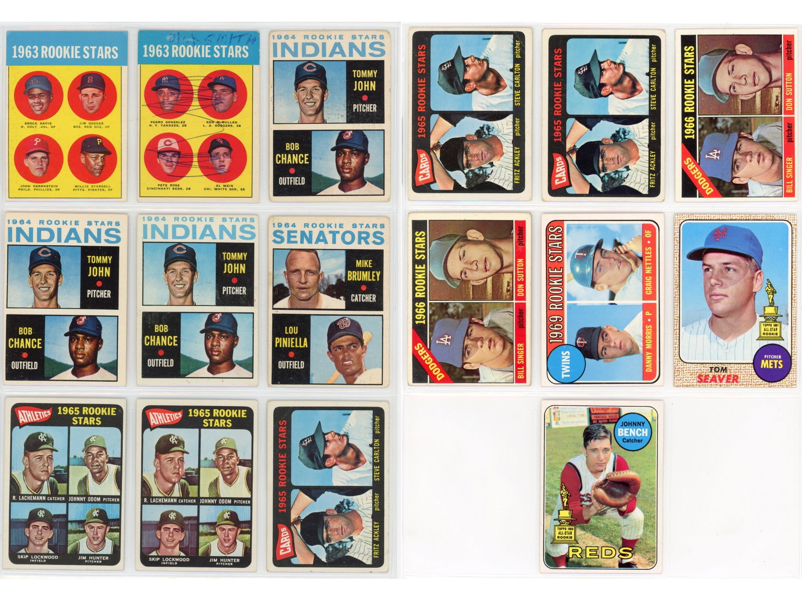 (16) 1960s Rookie Cards & HOFers Lot: 1960s baseball cards featuring rookie cards and Hall of Famers. Includes a Pete Rose rookie card (HOF) with pen marks from a childhood collector, along with Willie Stargell (HOF), Jim Hunter (HOF), St