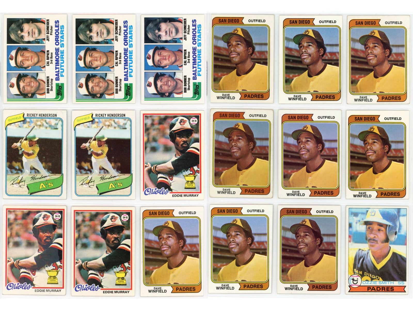 (26) 1970s/80s HOF Rookie Card Collection: Key 1970s and 1980s Hall of Fame rookie cards including Cal Ripken Jr. (3), Rickey Henderson (2), Eddie Murray (3), Dave Winfield (9), Ozzie Smith (3), and Dave Parker (6). Strong concentration of des