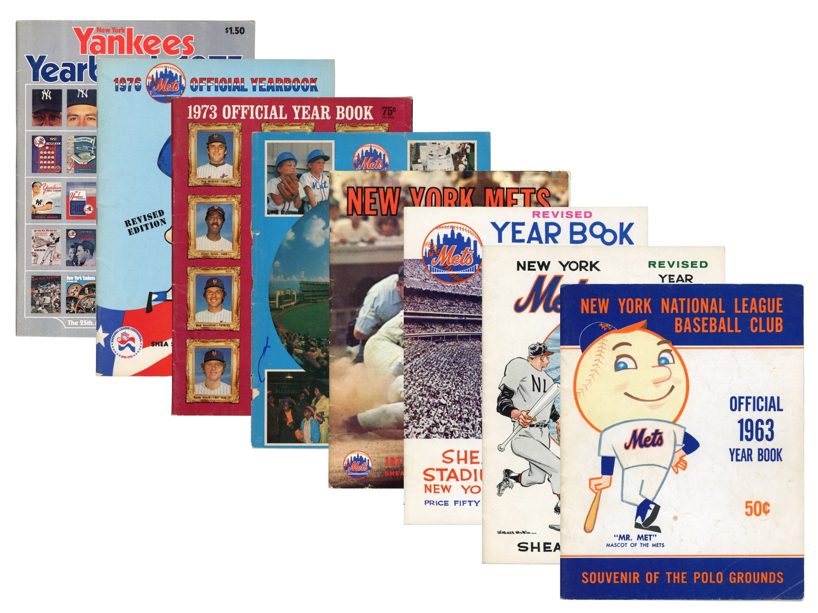 (8) Mets & Yankees Yearbooks 1963-1976: New York Mets and Yankees yearbooks including Mets issues from 1963, 1964 revised, 1965 revised, 1971, 1972, 1973, and 1976 revised, along with a 1975 New York Yankees yearbook. A nice group spanning 