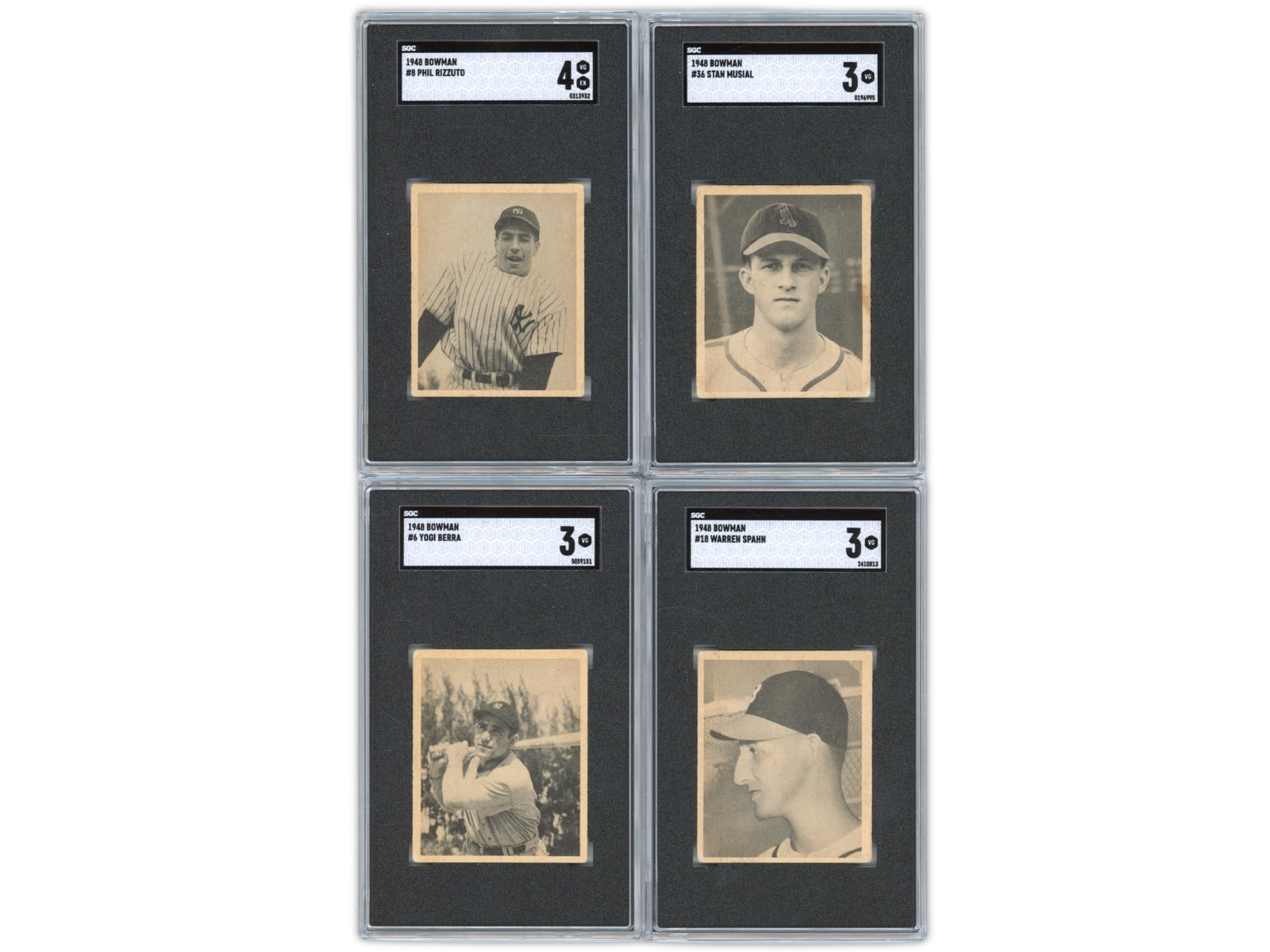 1948 Bowman Baseball Complete Set: 1948 Bowman baseball complete set, one of the most popular and condition-sensitive post-war issues, featuring 48 cards plus seven duplicates. Includes graded Hall of Famers Phil Rizzuto (SGC 4) and St