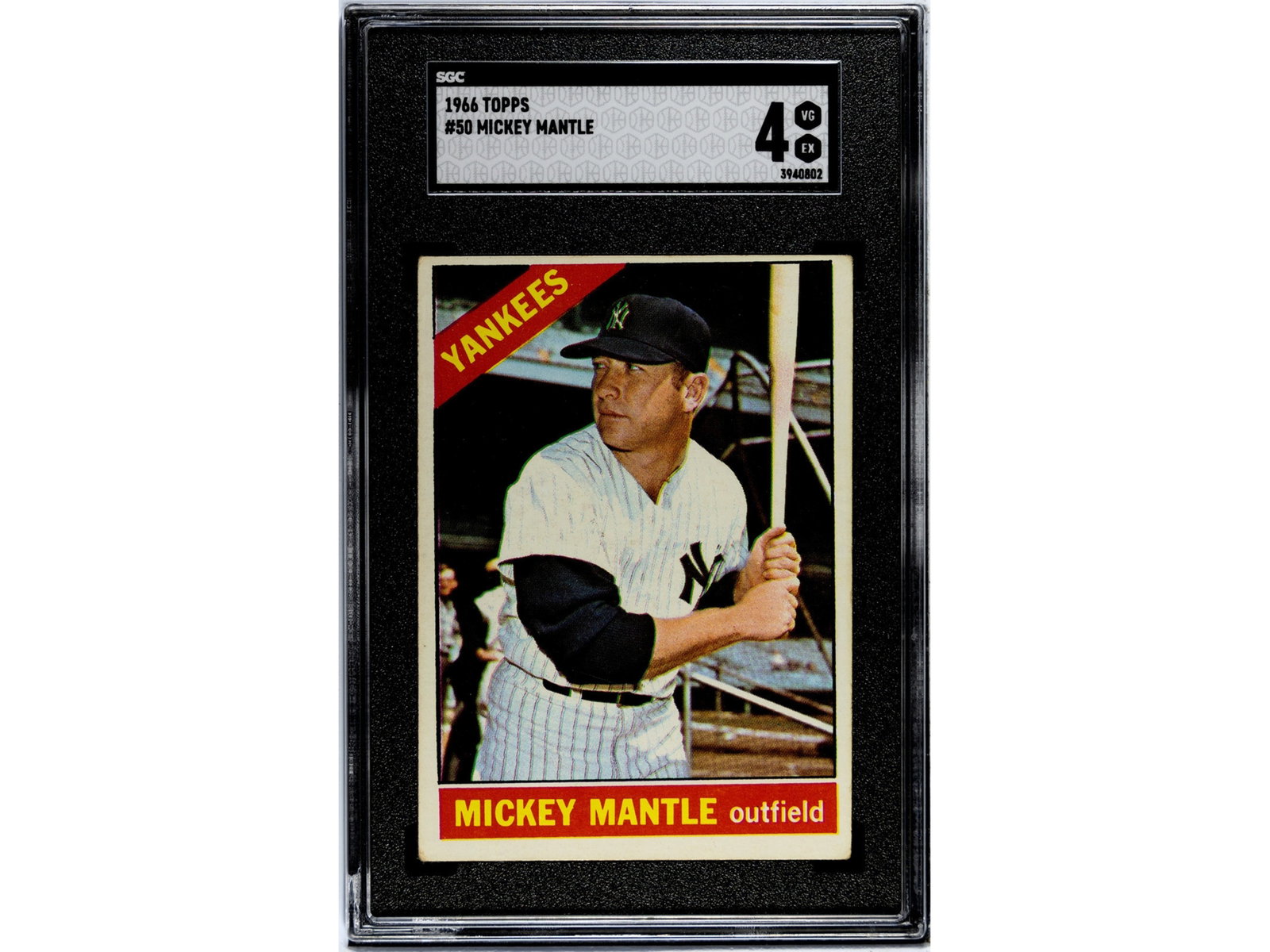 1966 Topps #50 Mickey Mantle SGC 4: 1966 Topps #50 Mickey Mantle graded SGC 4. Late-career issue of the Hall of Fame New York Yankees legend. Shipping: Weiss Auctions offers full-service, in-house shipping for nearly all items in this a