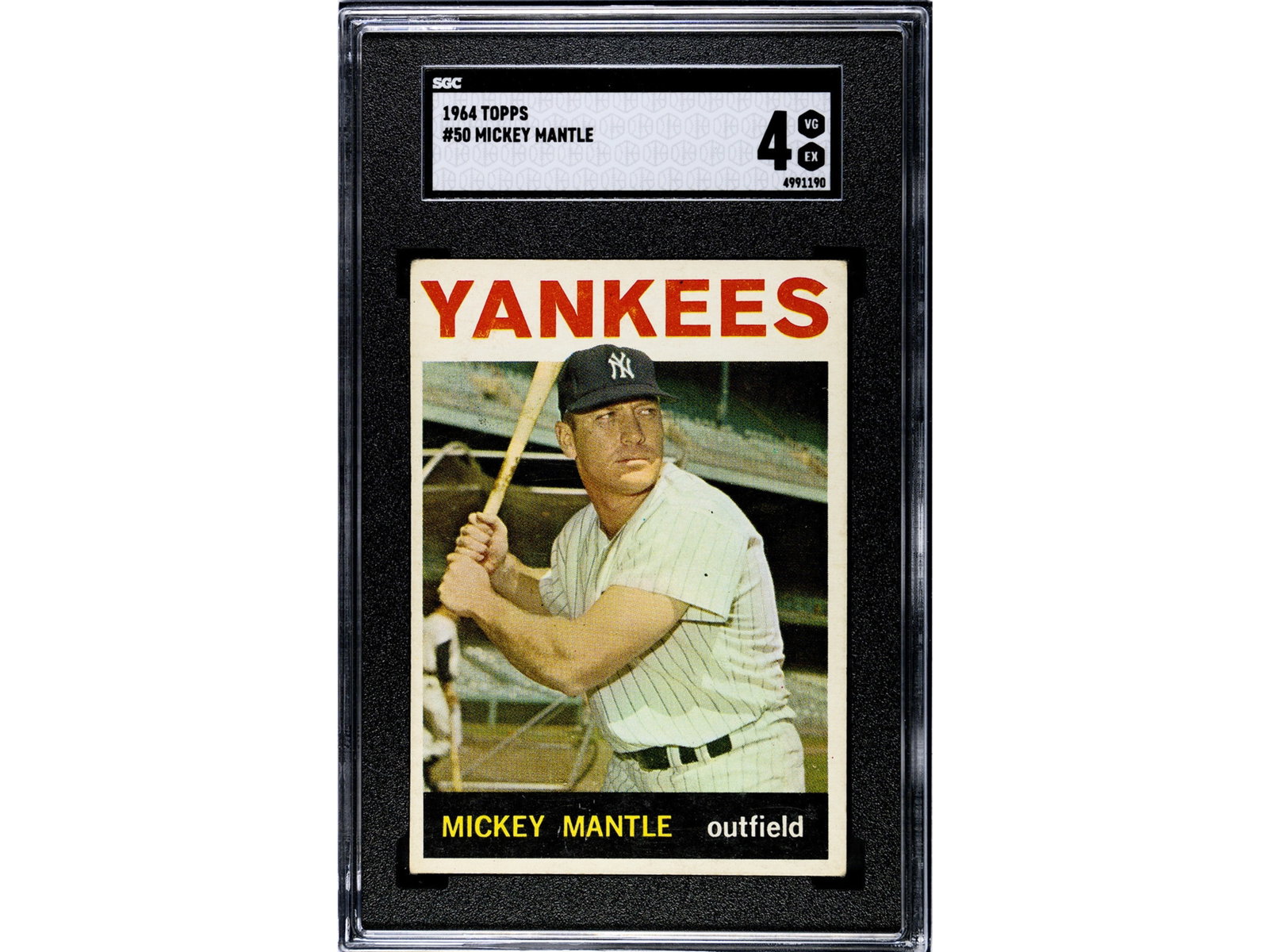 1964 Topps #50 Mickey Mantle SGC 4: 1964 Topps #50 Mickey Mantle graded SGC 4 VG-EX. Classic issue of the Hall of Fame New York Yankees legend from the mid-1960s Shipping: Weiss Auctions offers full-service, in-house shipping for nearly