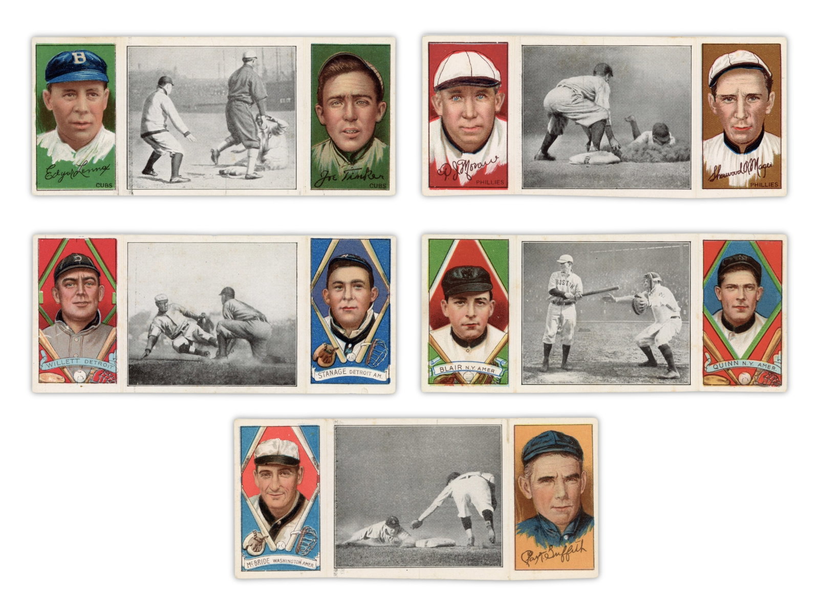(5) 1912 T202 Hassan Triple Folders: Group of five 1912 T202 Hassan Triple Folder cards. Includes Bush, Just Missed Austin with Moran and Magee; Ambrose McConnell at Bat with Blair and Quinn; Harry Lord at Third with Lennox and Tinker; M