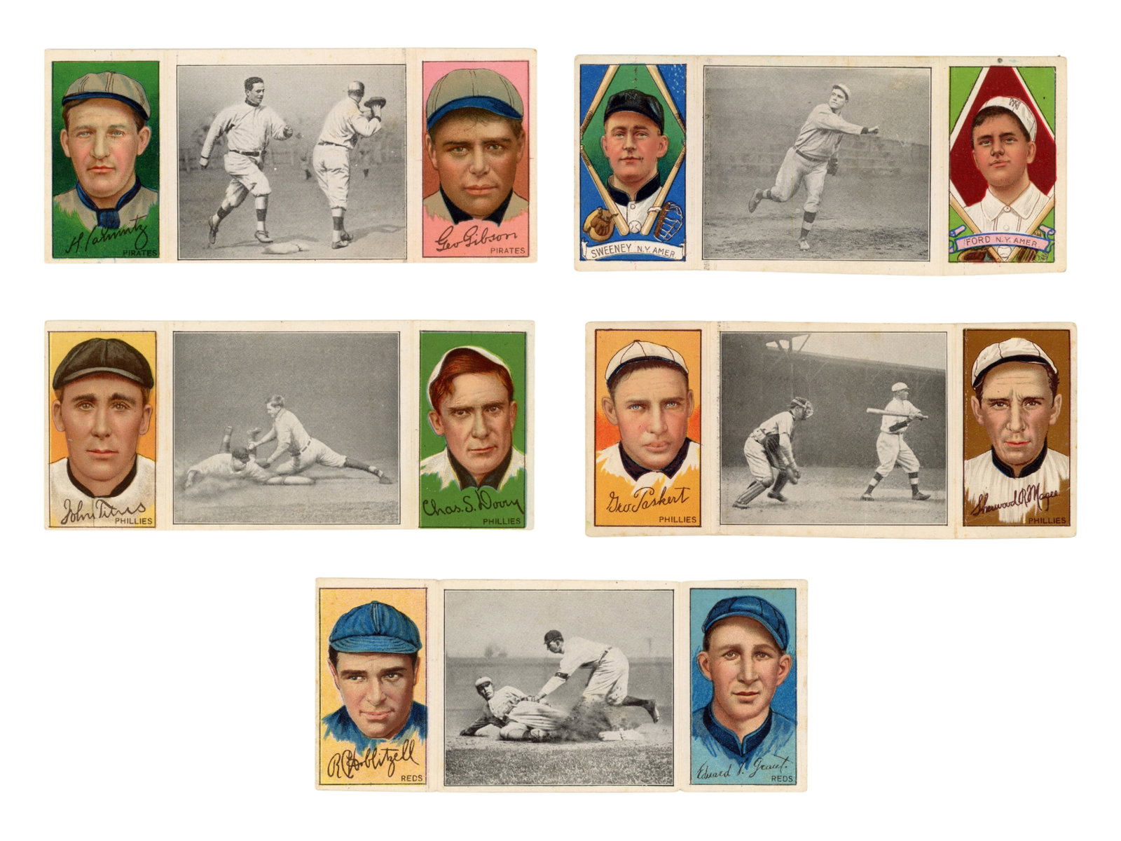 (5) 1912 T202 Hassan Triple Folders: Group of five 1912 T202 Hassan Triple Folder cards. Includes Donlin Out at First; Devlin Gets His Man; Grant Gets His Man; Chase Ready for the Squeeze Play; and Ford Putting Over Spitta. Overall condi