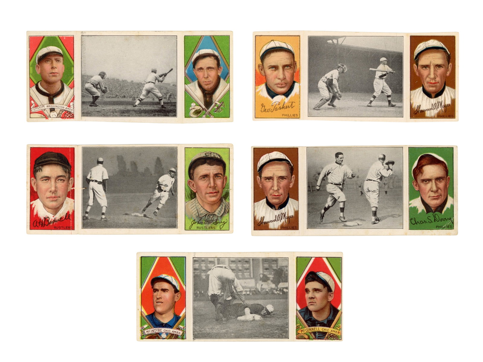 (5) 1912 T202 Hassan Triple Folders: Group of five 1912 T202 Hassan Triple Folder cards. Includes Donlin Out at First; Hartsell Strikes Out; Clark Hikes for Home; Chase Ready for the Squeeze Play; and Hal Chase Too Late. Some peeling on 