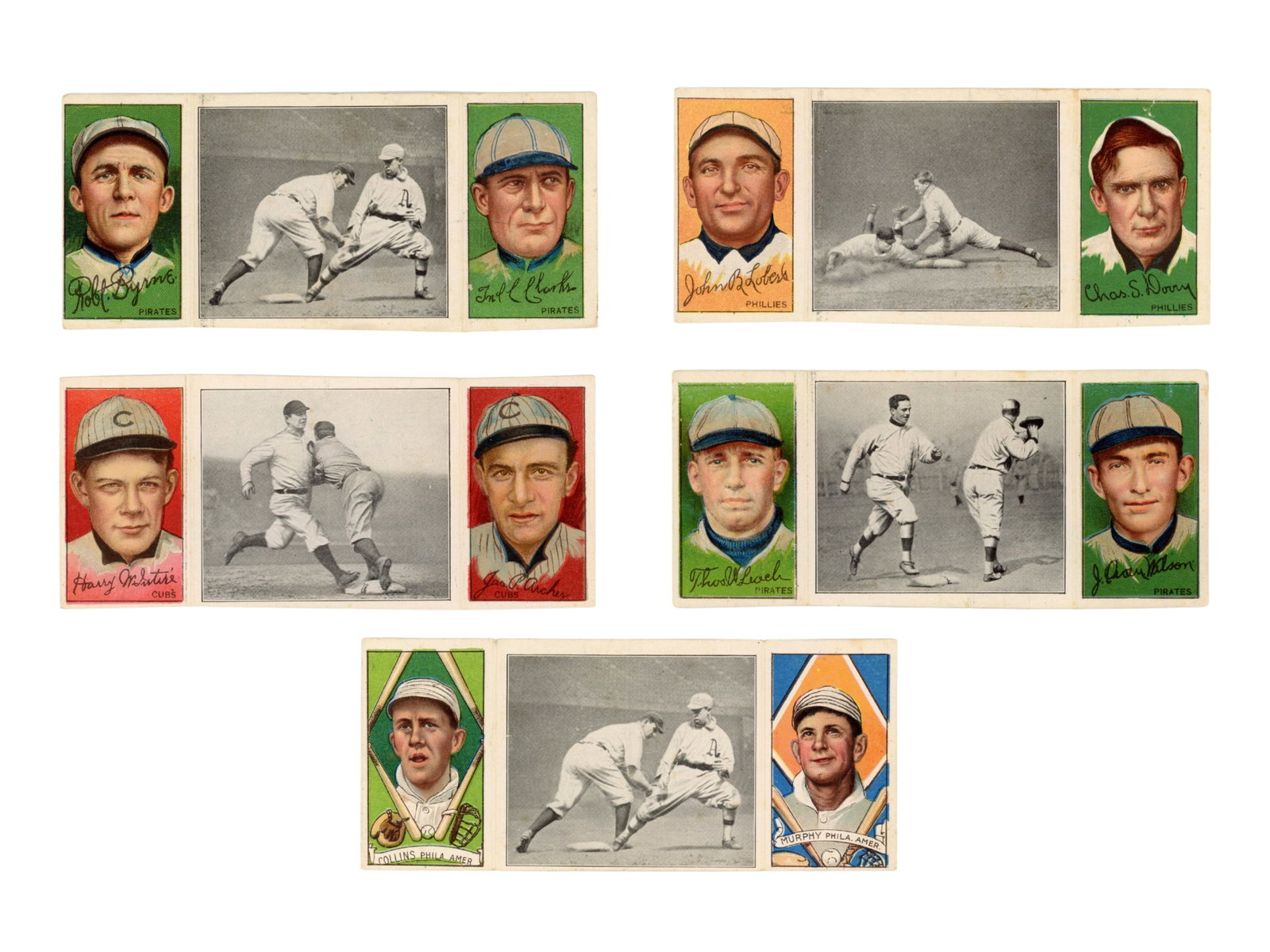(5) 1912 T202 Hassan Triple Folders: Group of five 1912 T202 Hassan Triple Folder cards. Includes Collins Easily Safe (two); Donlin Out at First; Dooin Gets His Man; and Chance Beats Out a Hit. Overall condition Very Good. Shipping: Weis