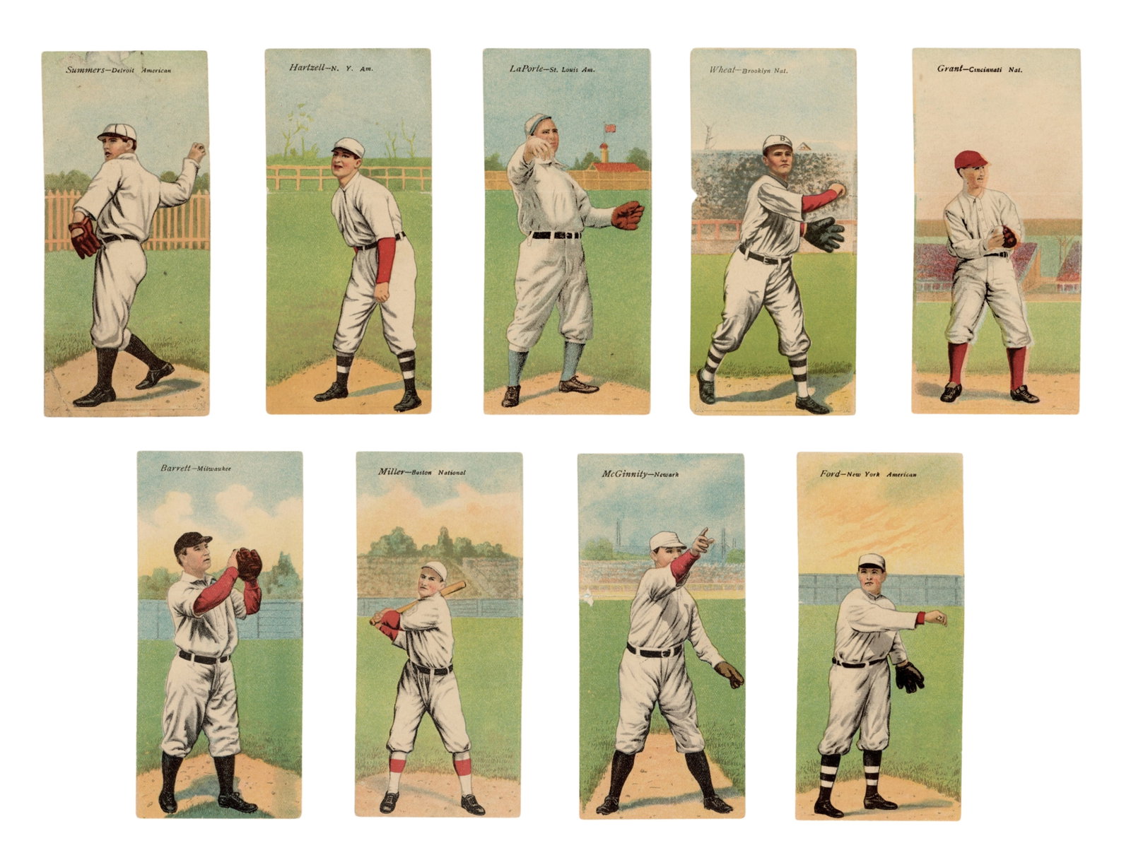 (9) 1911 T201 Mecca Double Folders: Group of nine 1911 T201 Mecca Double Folder cards. Includes La Porte/Stephens, Summers/Jennings, Blair/Hartzell, McGinnity/McCarty, Miller/Herzog, Barrett/McGlynn, Bergen/Wheat, Ford/Johnson, and Gran