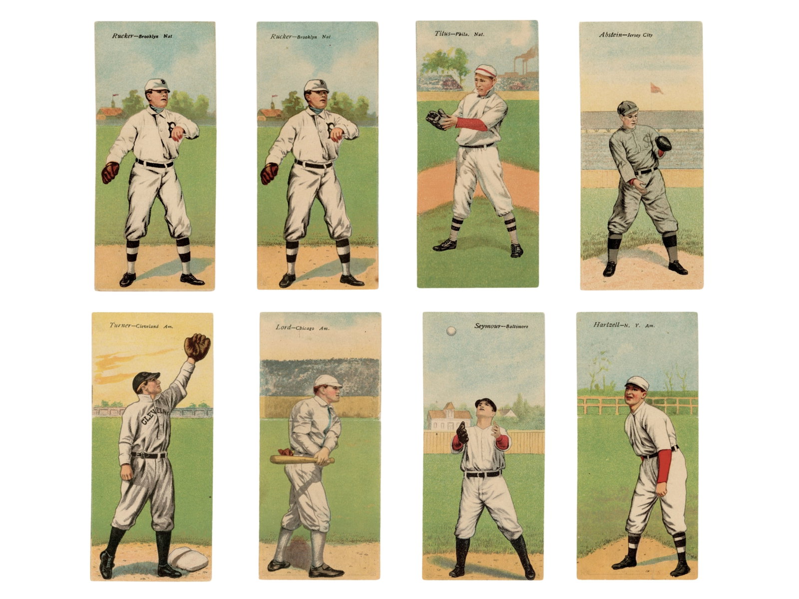 (8) 1911 T201 Mecca Double Folders: Group of eight 1911 T201 Mecca Double Folder cards. Includes Hartsell/Blair; Butler/Abstein; Dooin/Titus; Rucker/Daubert (two); Stovall/Turner; Seymour/Dygert; and Dougherty/Lord. Shipping: Weiss Auct