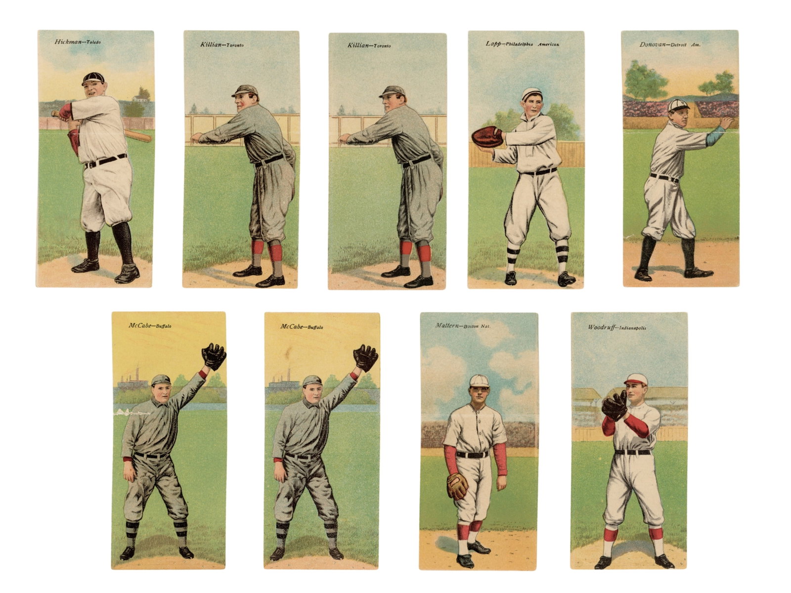 (9) 1911 T201 Mecca Double Folders: Group of nine 1911 T201 Mecca Double Folder cards. Includes Mattern/Graham; Killian/Fitzpatrick (two); Hinchman/Hickman; McCabe/Starr (two); Lapp/Barry; Stroud/Donovan; and Woodruff/Williams. Shipping