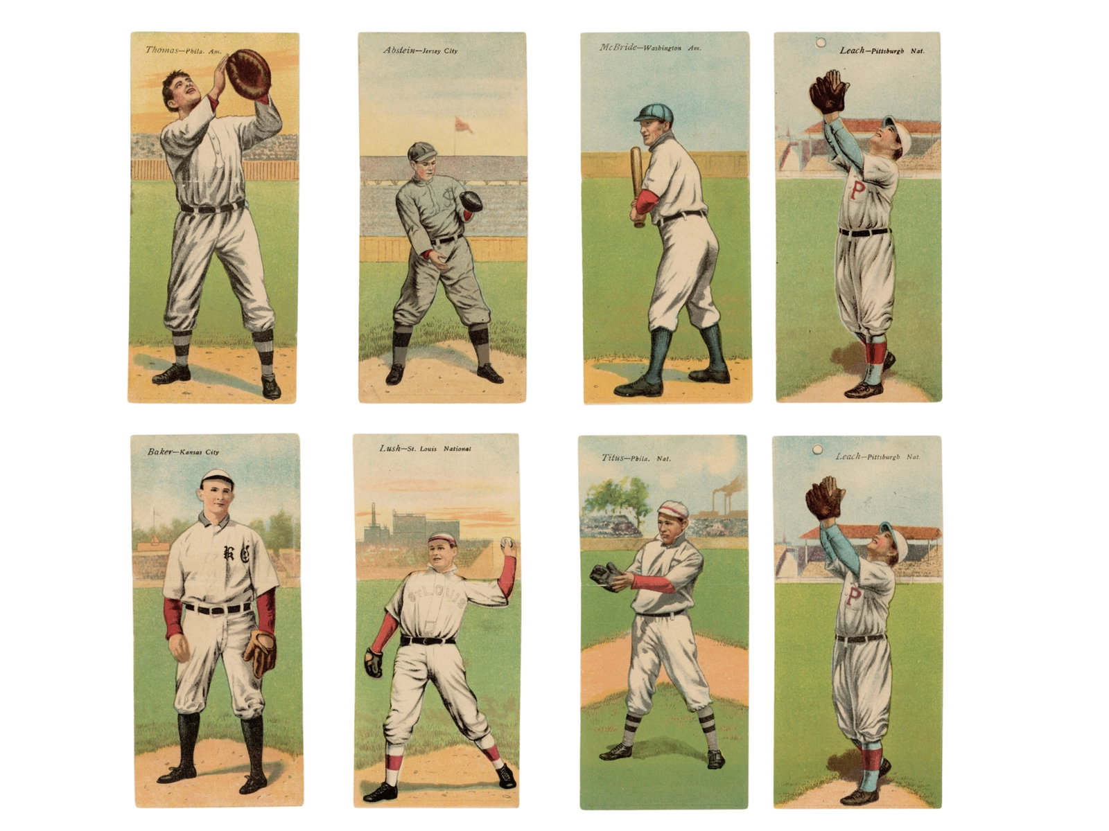 (8) 1911 T201 Mecca Double Folders: Group of eight 1911 T201 Mecca Double Folder cards. Includes Leach/Gibson (two); Titus/Dooin; Baker/Downie; Hauser/Lush; Butler/Abstein; Thomas/Coombs; and Elberfeld/McBride. Shipping: Weiss Auctions 