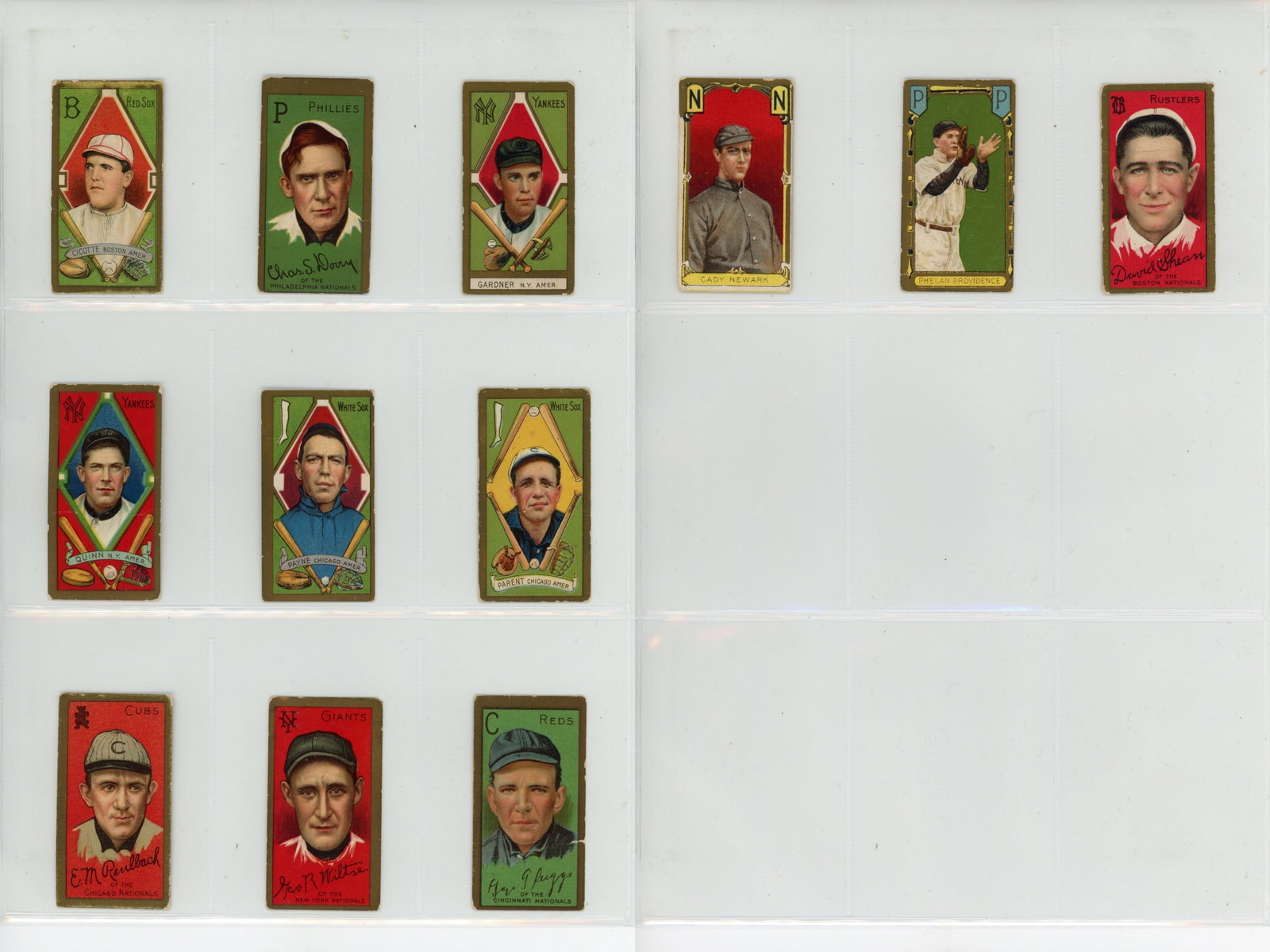 (12) T205 Tobacco Baseball Cards: Group of twelve T205 Gold Border tobacco baseball cards. Includes Cady, Cicotte, Phelan, Shean, Reulbach, Wiltse, Suggs, Dooin, Gardner, Quinn, Payne, and Parent. Shipping: Weiss Auctions offers full-