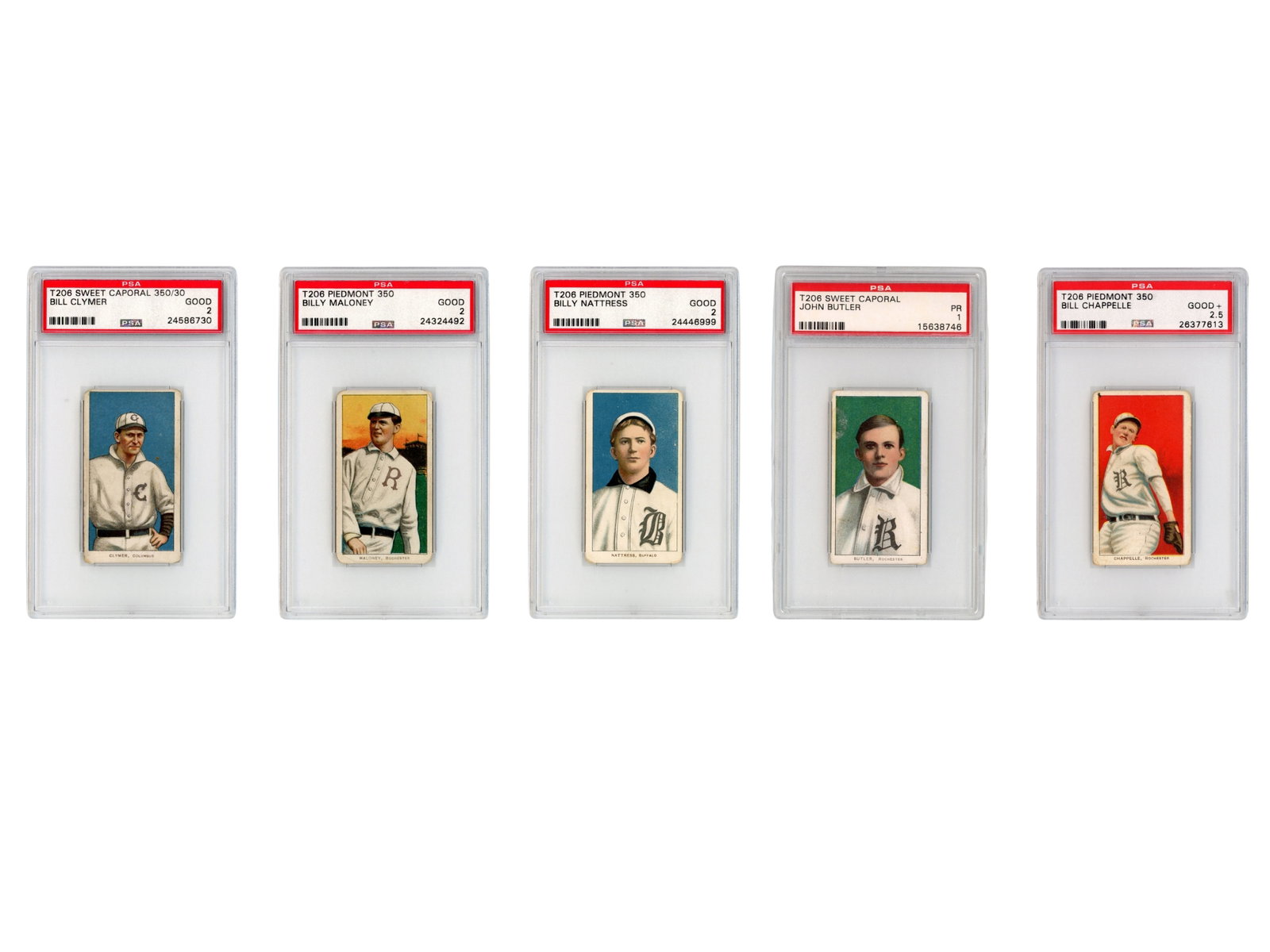 (5) T206 Baseball Cards PSA Graded: Five PSA graded T206 baseball cards including Bill Chappelle PSA 2.5, Bill Clymer PSA 2 Sweet Caporal, Billy Maloney PSA 2 Piedmont, Billy Nattress PSA 2 Piedmont, and John Butler PSA 1 Sweet Caporal.