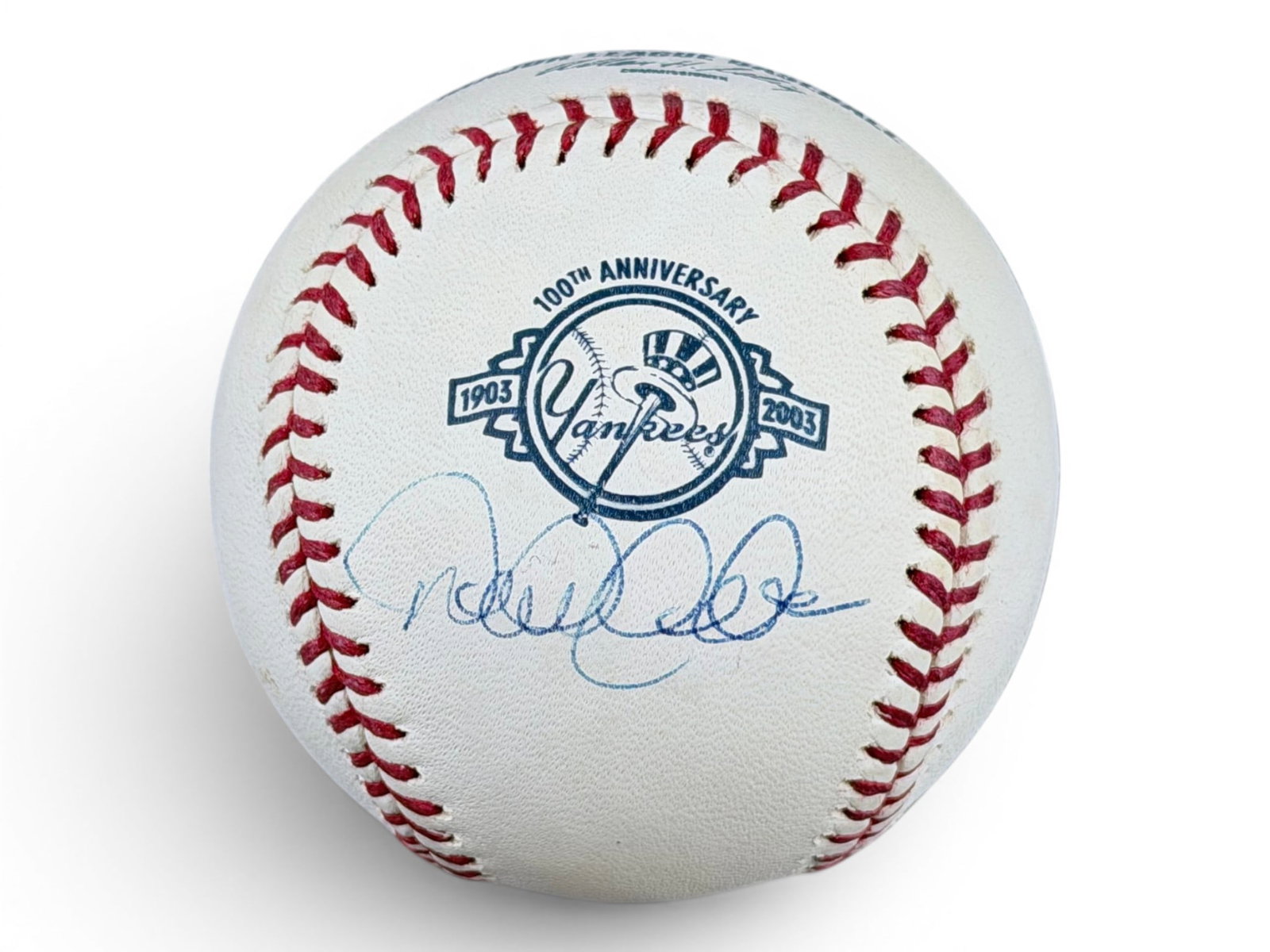 Derek Jeter Signed LE /22 Yankees Baseball: Limited edition 2003 New York Yankees 100th Anniversary Official Major League baseball, hand-signed by Derek Jeter in blue ballpoint pen beneath the commemorative 100th anniversary logo. Ball is numbe