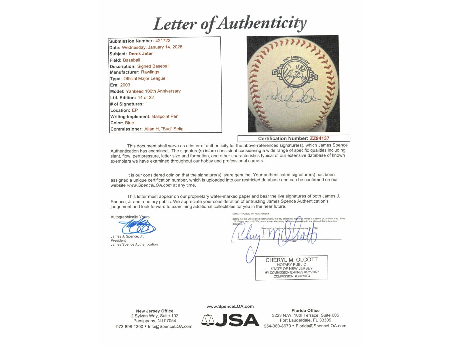 Derek Jeter Signed LE /22 Yankees Baseball - 5