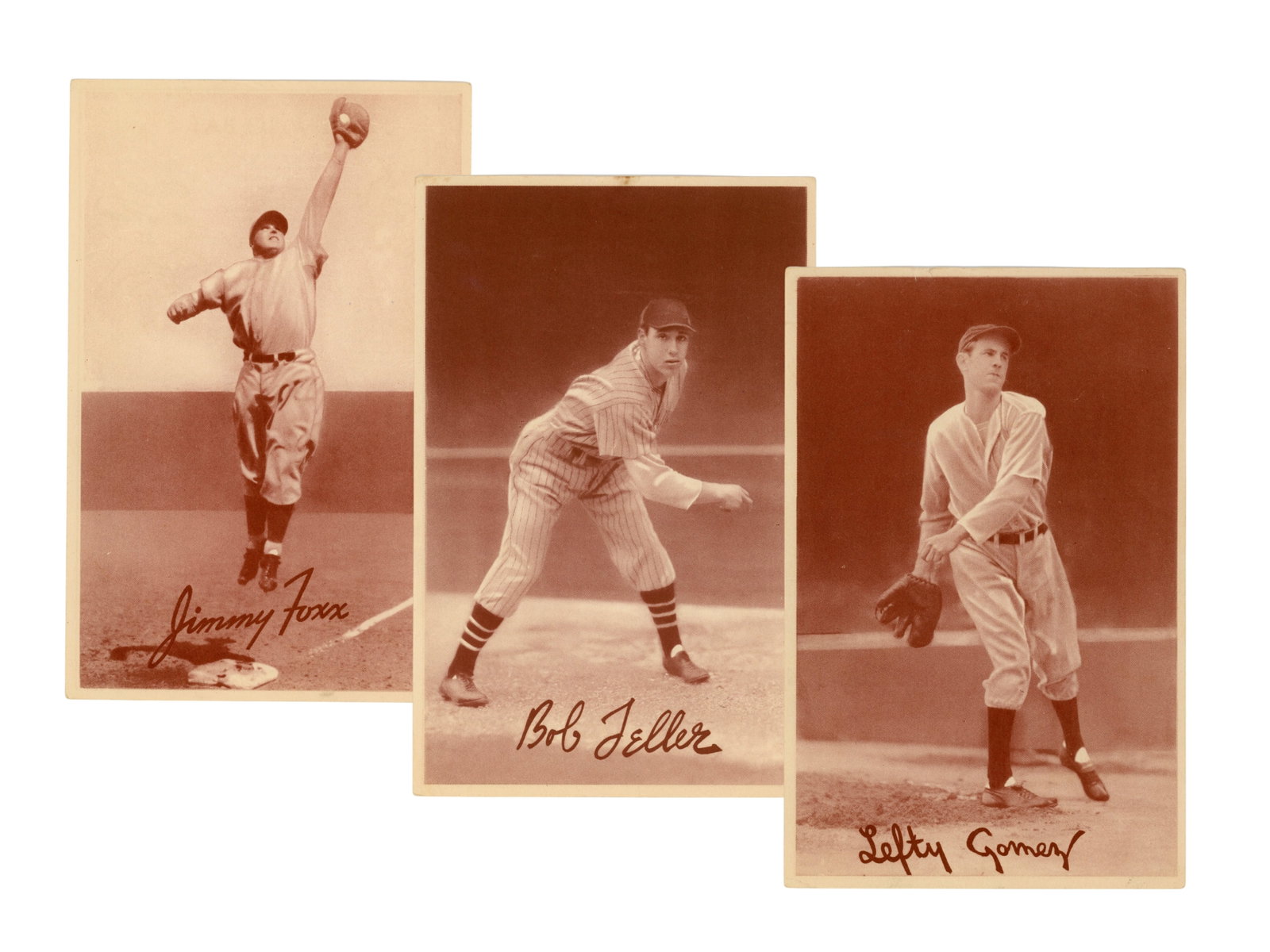 1939 Goudey R303-B Sepia Partial Set (14): 1939 R303-B Goudey Premiums (Sepia) partial set of 14, featuring a strong group of vintage baseball premiums highlighted by Jimmie Foxx, Bob Feller, Lefty Gomez, Billy Herman, Al Simmons, Joe Gordon, 