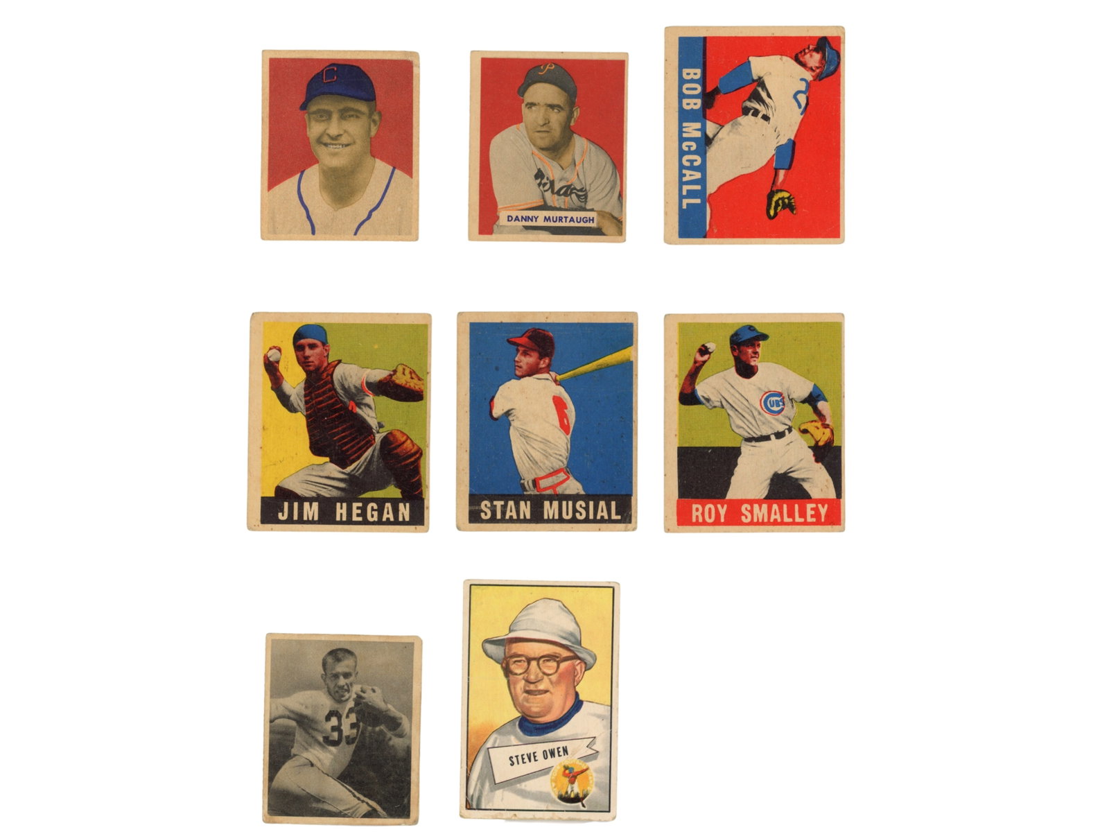 (8) Vintage Cards including 1948 Leaf Musial Rookie Card: Eight vintage sports cards highlighted by the rookie card of Hall of Famer Stan Musial from the 1948 Leaf set. Additional cards shown include Bob McCall, Jim Hegan, Roy Smalley, Steve Owen, and others