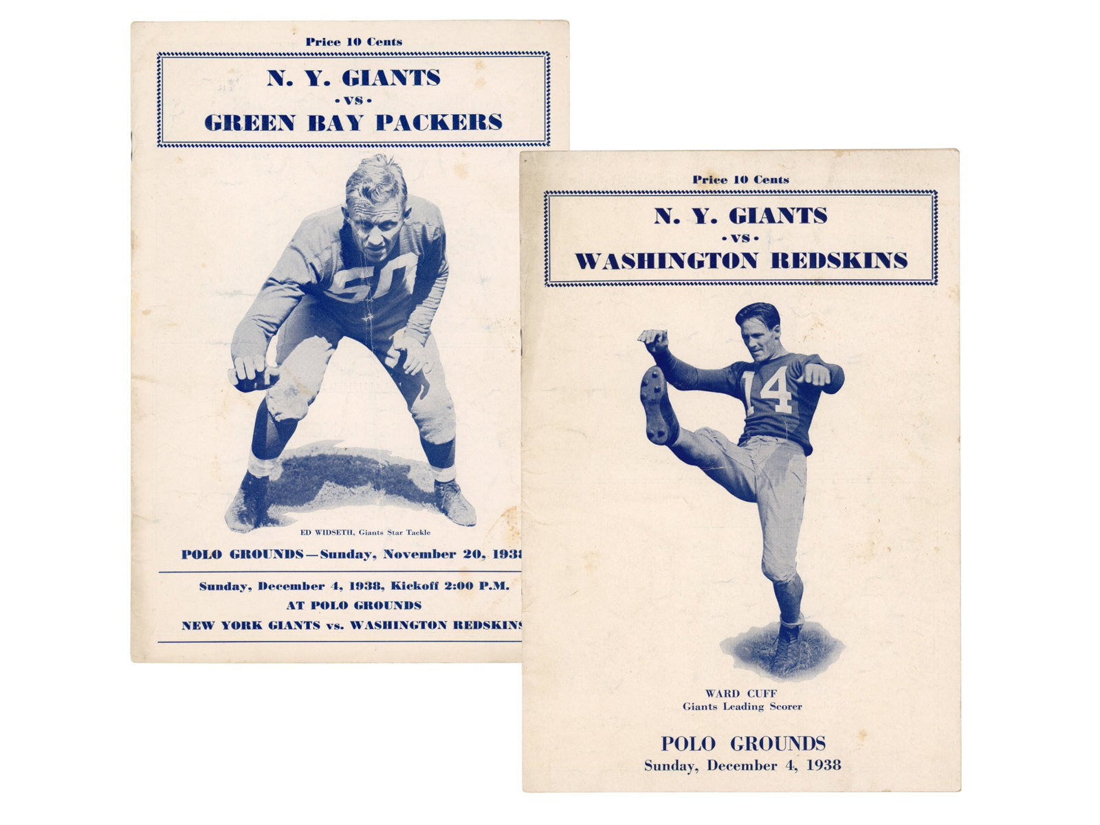 (2) 1938 New York Giants Programs: 1938 New York Giants football programs. Includes November 20, 1938 Giants vs. Packers featuring Ed Widseth on the cover, from the Giants' 15-3 victory over Green Bay in a late-season matchup of eventu