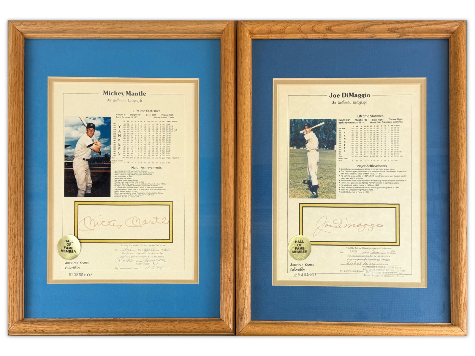 (2) Mickey Mantle & Joe DiMaggio Signed Stat Sheets: Framed display pieces including a Mickey Mantle signed 8" x 10" statistics sheet and a Joe DiMaggio signed 8" x 10" statistics sheet. Both are framed for display and feature signatures from two of