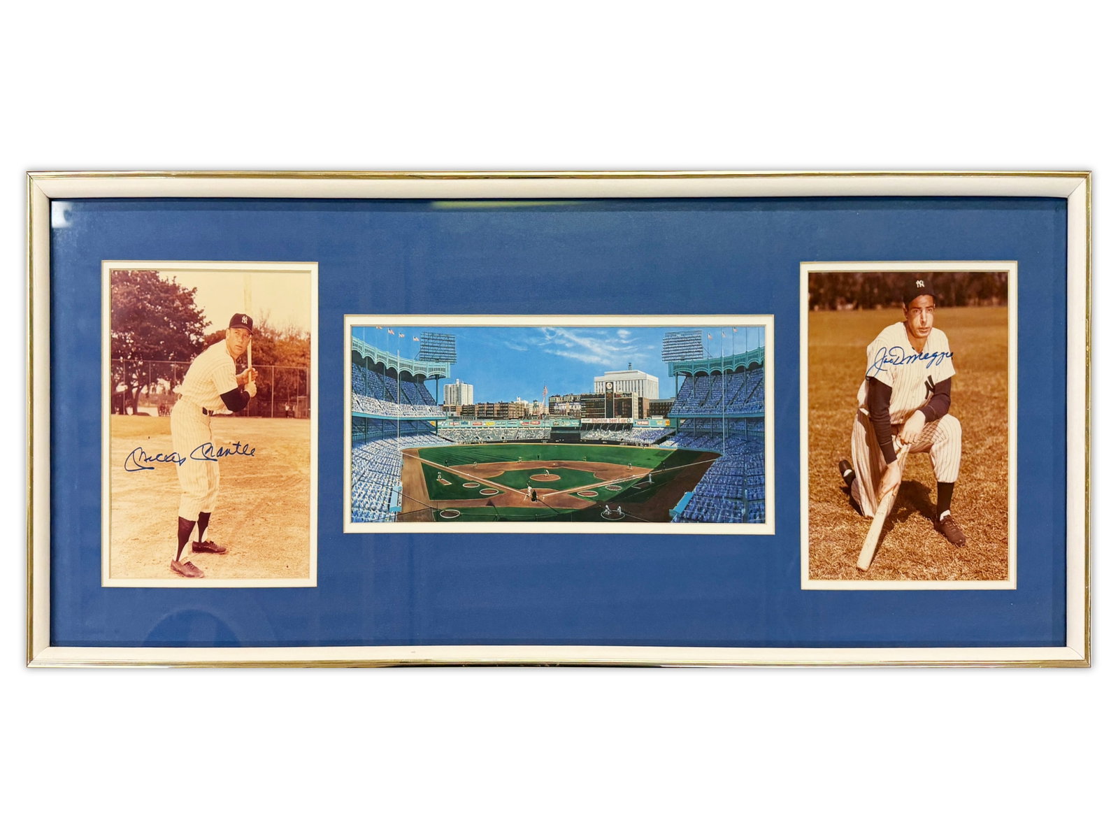 Mickey Mantle & Joe DiMaggio Signed Display: Framed display featuring signed 8" x 10" photographs of Mickey Mantle and Joe DiMaggio, alongside a print of Yankee Stadium. Nice presentation piece showcasing two of the most iconic Yankees legends.