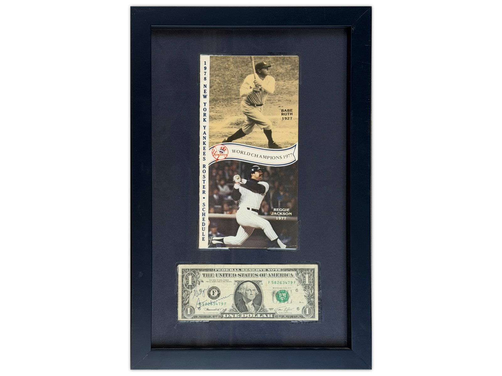 George Steinbrenner Signed One Dollar Bill: George Steinbrenner signed one-dollar bill, nicely signed on the front in blue ballpoint pen, framed alongside a 1978 New York Yankees schedule. Nice display piece tied to the Yankees' championship er