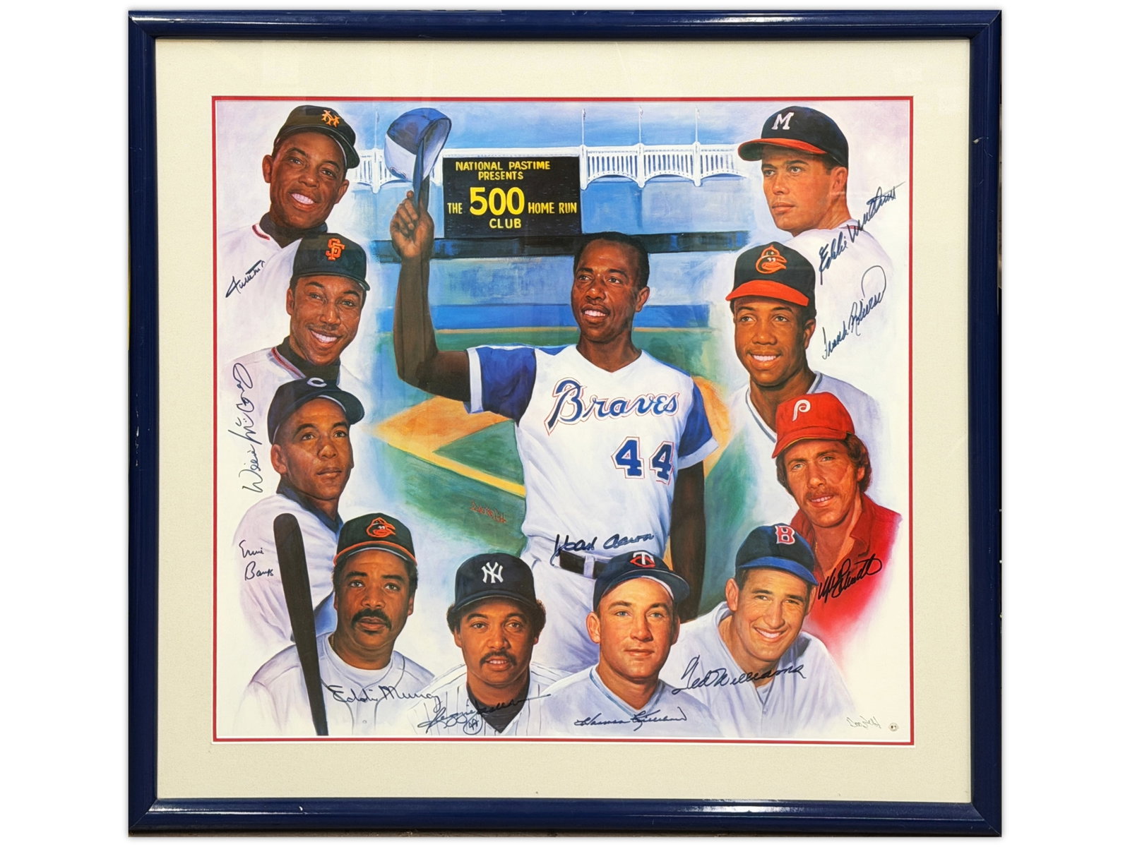 500 Home Run Club Signed Poster - JSA: 1996 National Pastime "Yankee Stadium - Bust Composite" color poster by Doo S. Oh, signed in blue fiber-tip marker by 11 members of the 500 Home Run Club. Signatures include Ted Williams, Eddie Mathew
