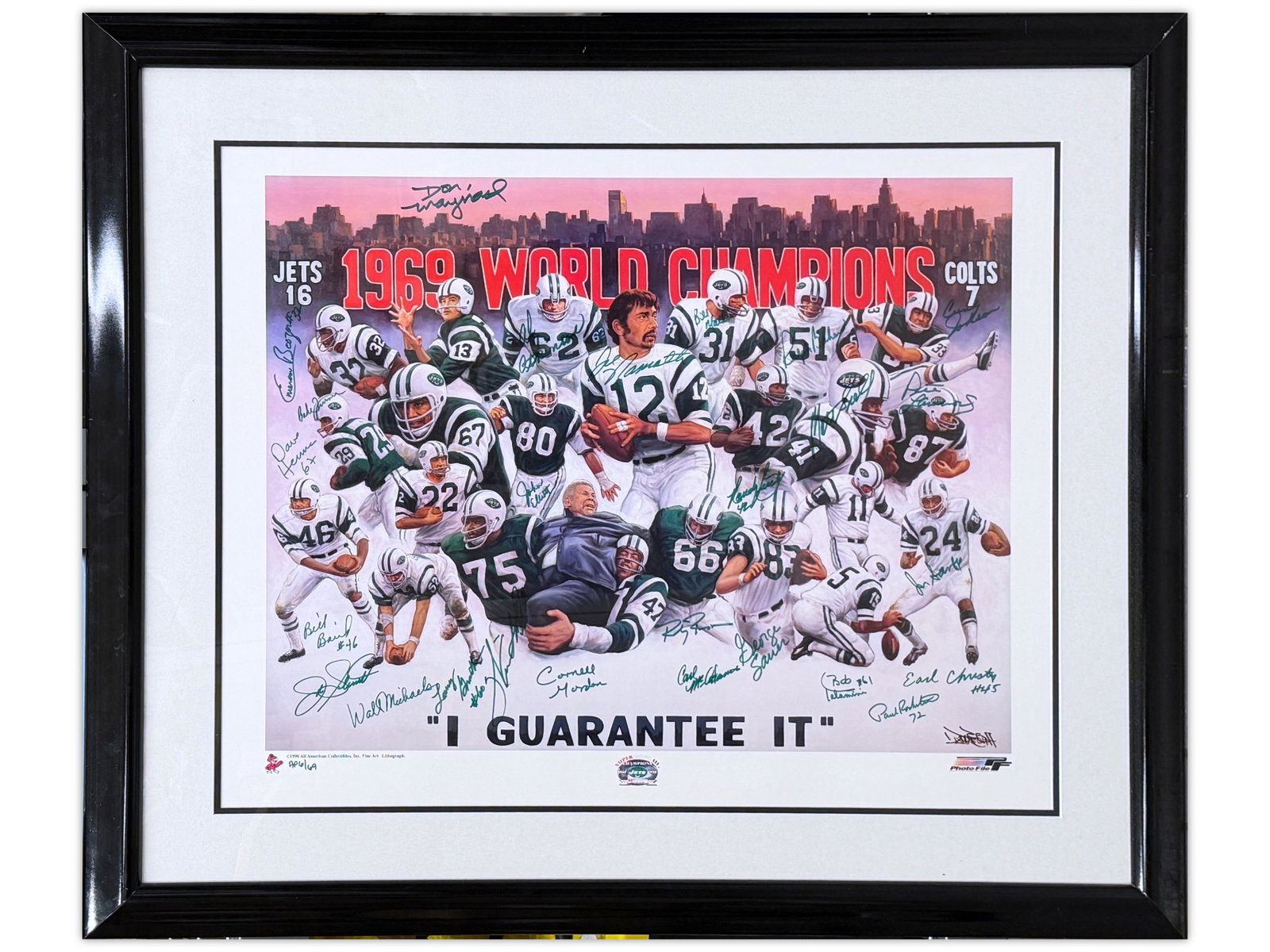 1969 Jets Team Signed Lithograph: 1969 New York Jets "I Guarantee It" lithograph, artist proof numbered AP 6/69, signed in green by 26 members of the Super Bowl III championship team. Signatures include Joe Namath, Matt Snell, Don May