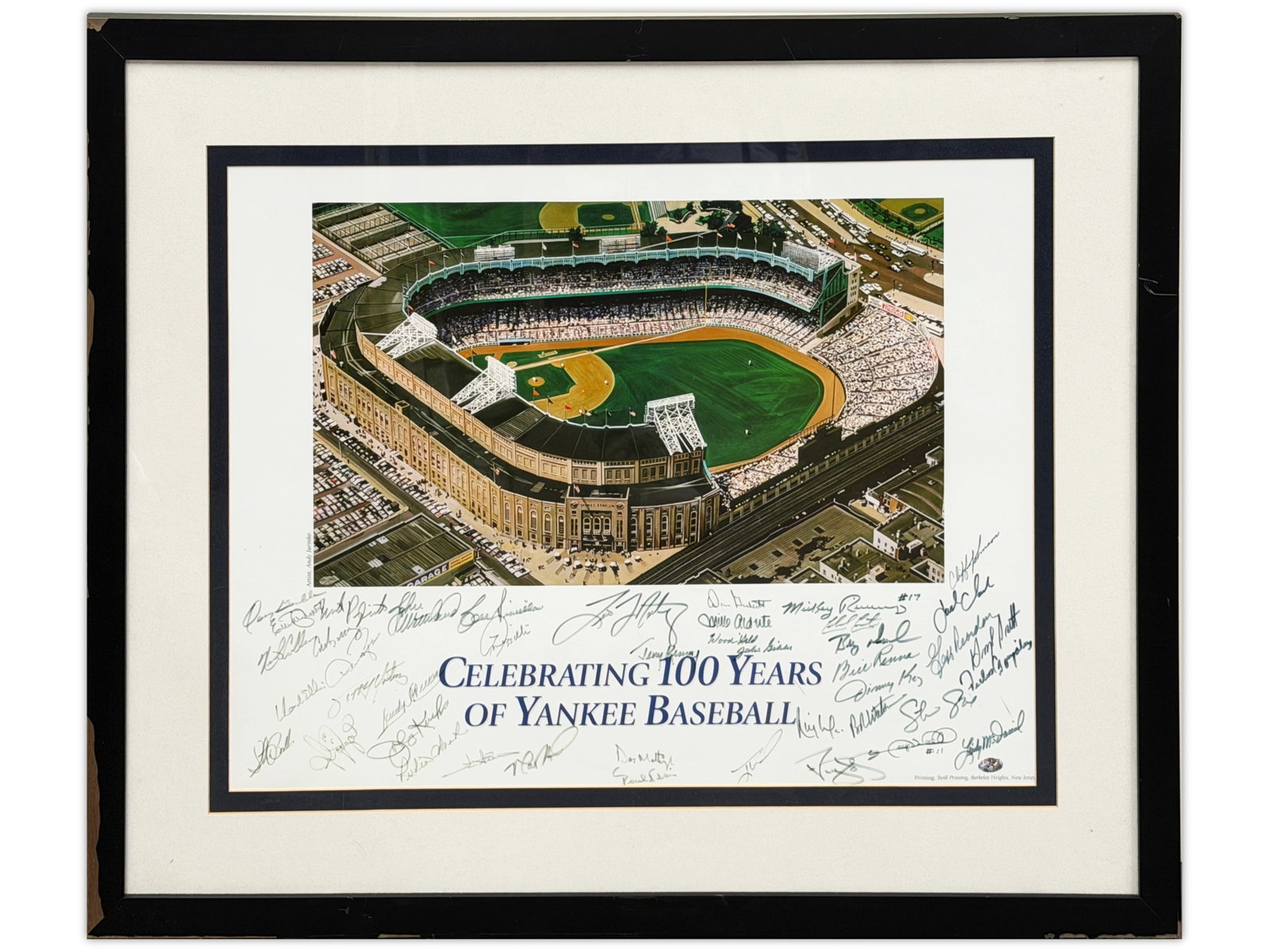 100 Years of Yankee Baseball Multi Signed Litho: Offered is a multi signed lithograph titled "100 Years of Yankee Baseball". Lithograph is hand signed by over 40 players including: Oscar Gamble, Neil Allen, Sandy Alomar, Johnny Kucks, Ruben Amaro, L