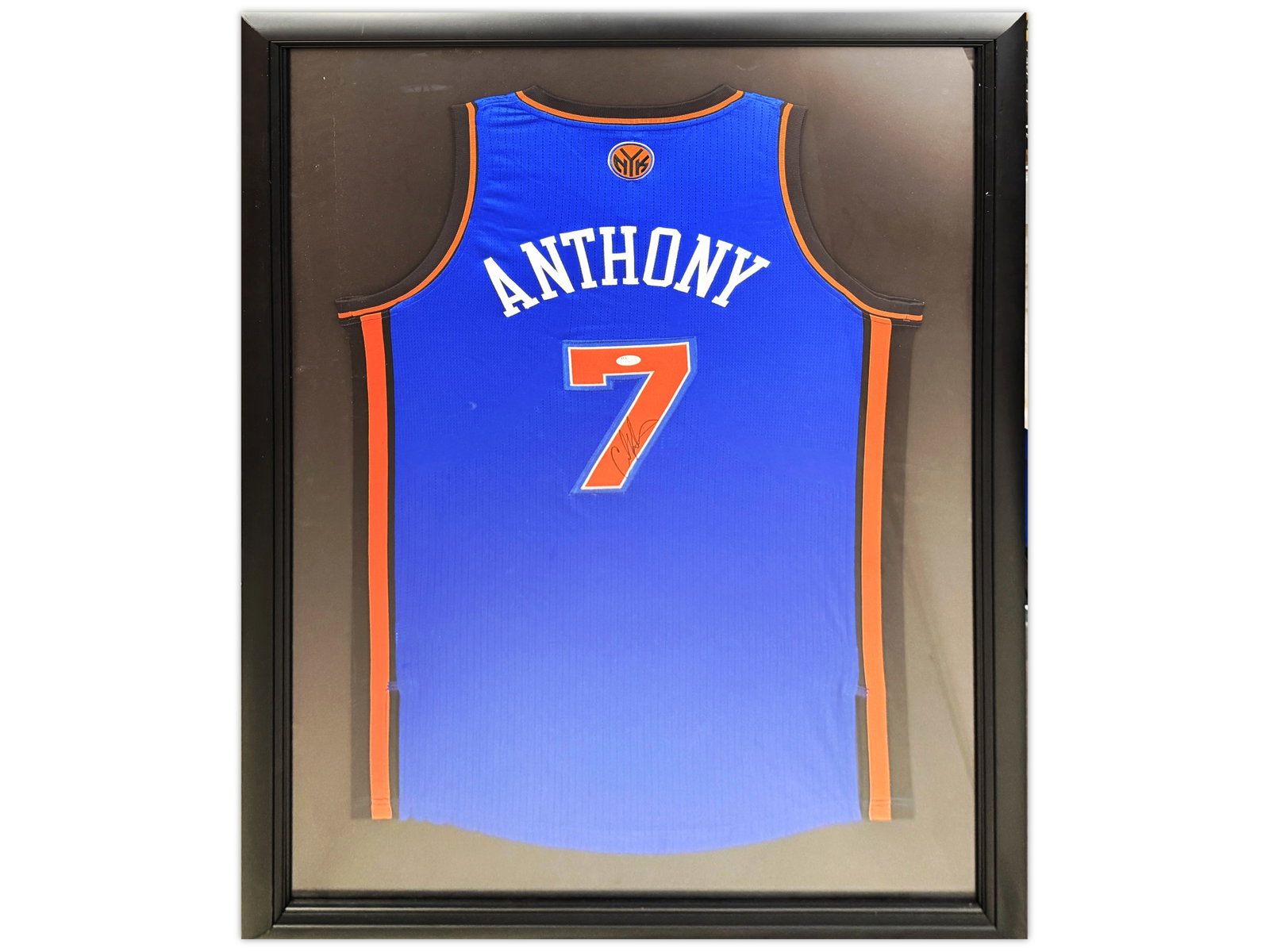Carmelo Anthony Signed New York Knicks Jersey: JSA authenticated, I53672. Large frame, overall approx. 31" x 47". NOTE: Due to the size of the frame, shipping will be expensive. Please inquire prior to bidding. Shipping: Weiss Auctions offers full